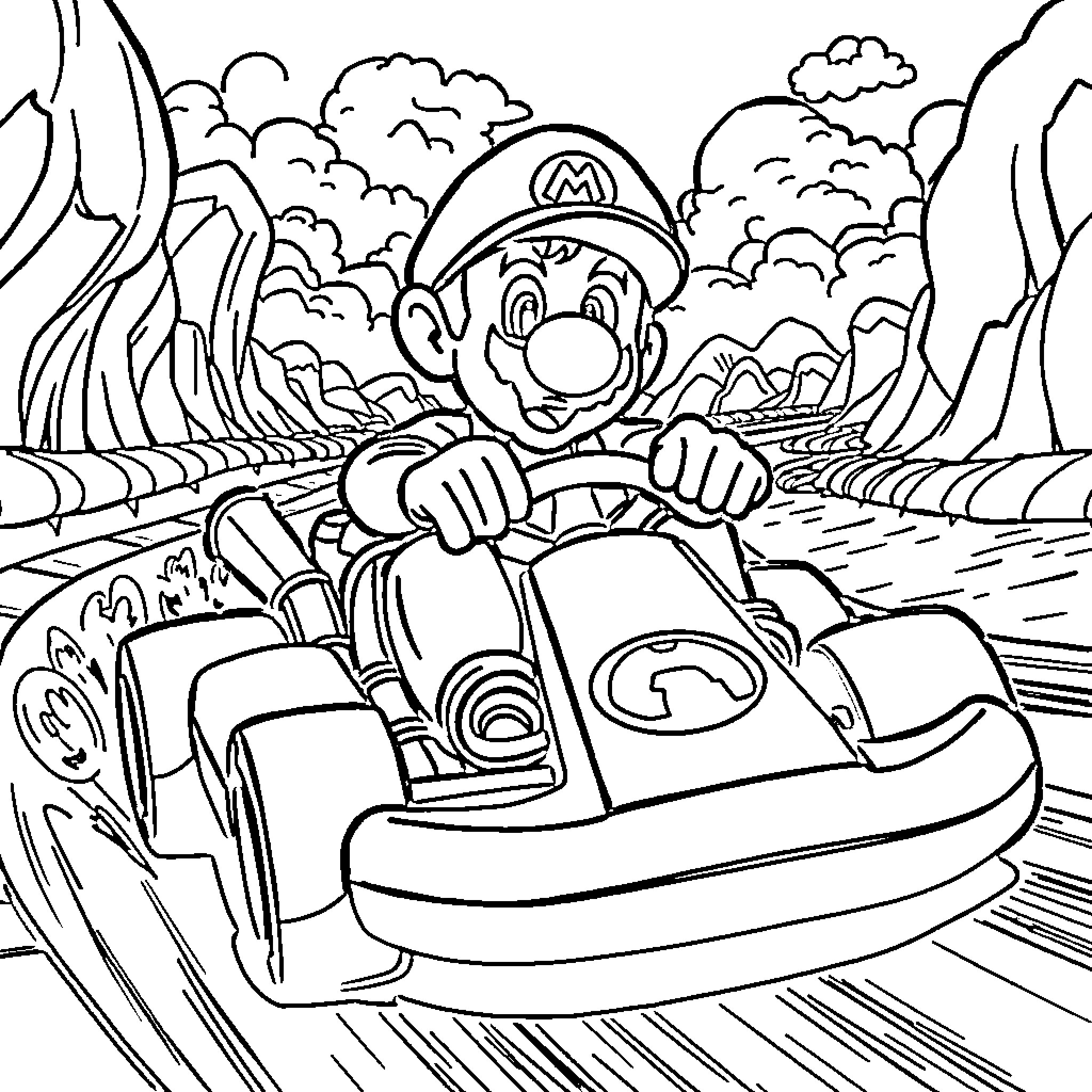 Lando Norris Racing Through Imaginary Landscape Coloring Page (free black-and-white line drawing printable PDF for all, from beginners to advanced learners, including children, teens, adults, and seniors)