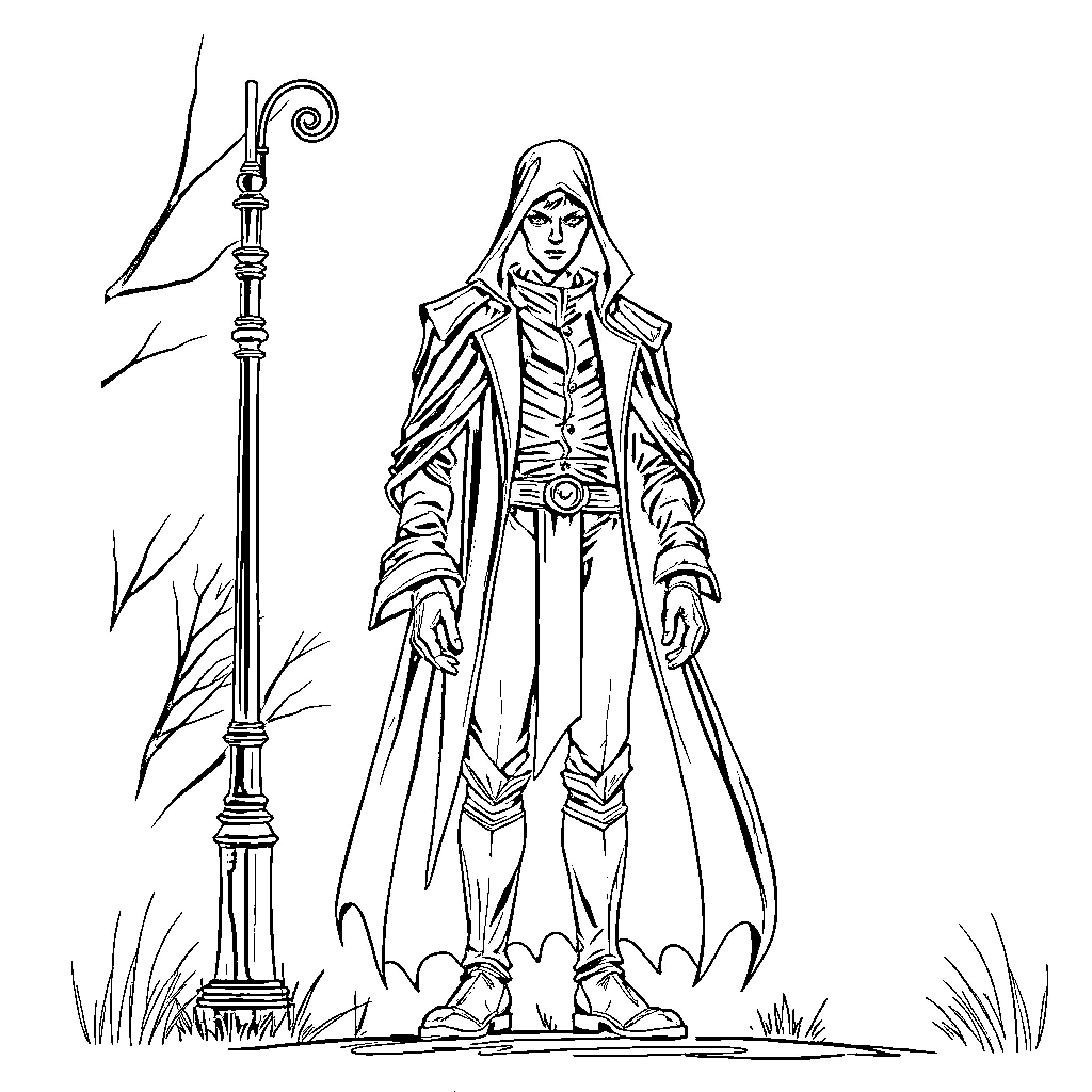 Sie steht hochaufgerichtet mit einem langen Mantel Coloring Page (free black-and-white line drawing printable PDF for all, from beginners to advanced learners, including children, teens, adults, and seniors)