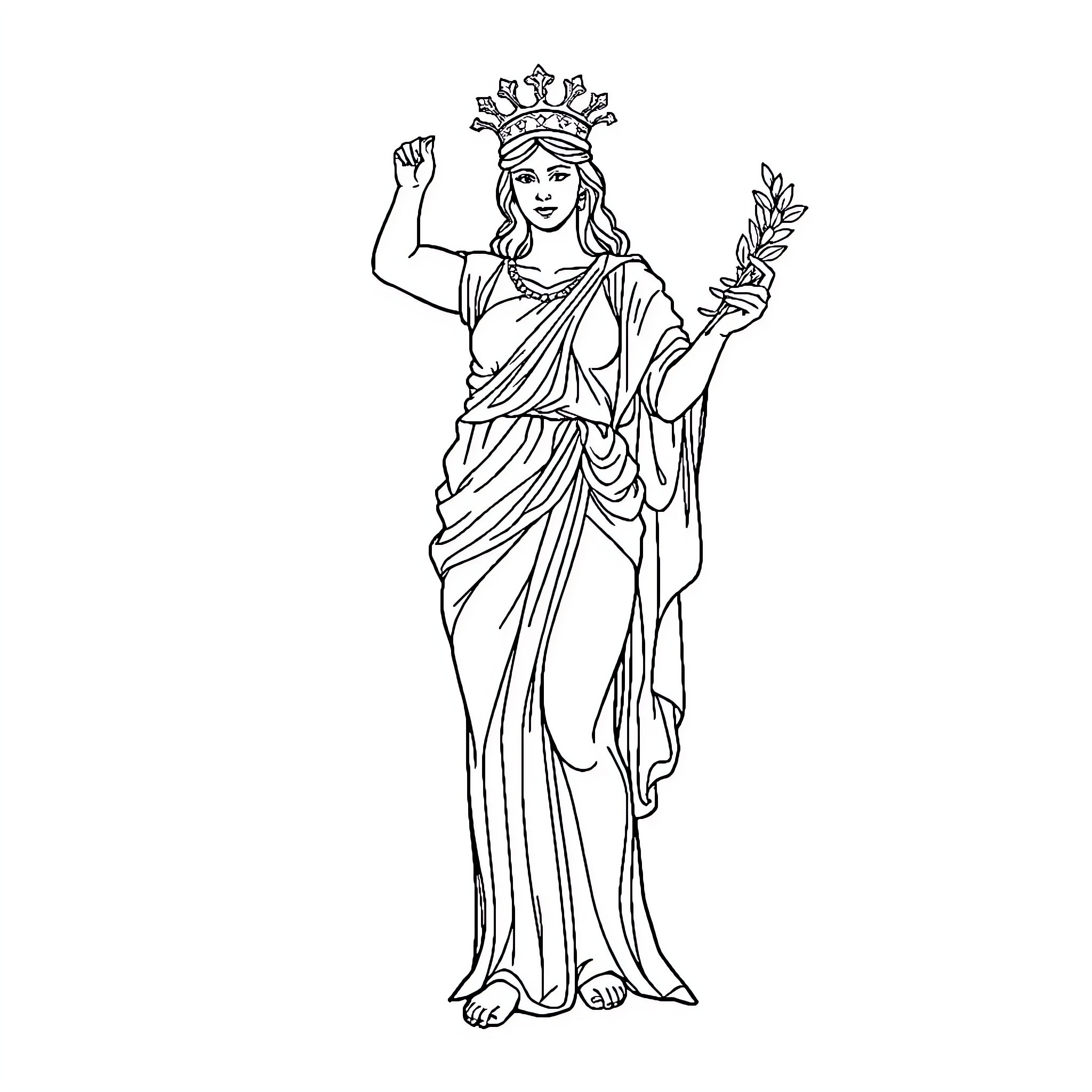 Goddess of Victory Holding Laurel Wreath Coloring Page (free black-and-white line drawing printable PDF for all, from beginners to advanced learners, including children, teens, adults, and seniors)