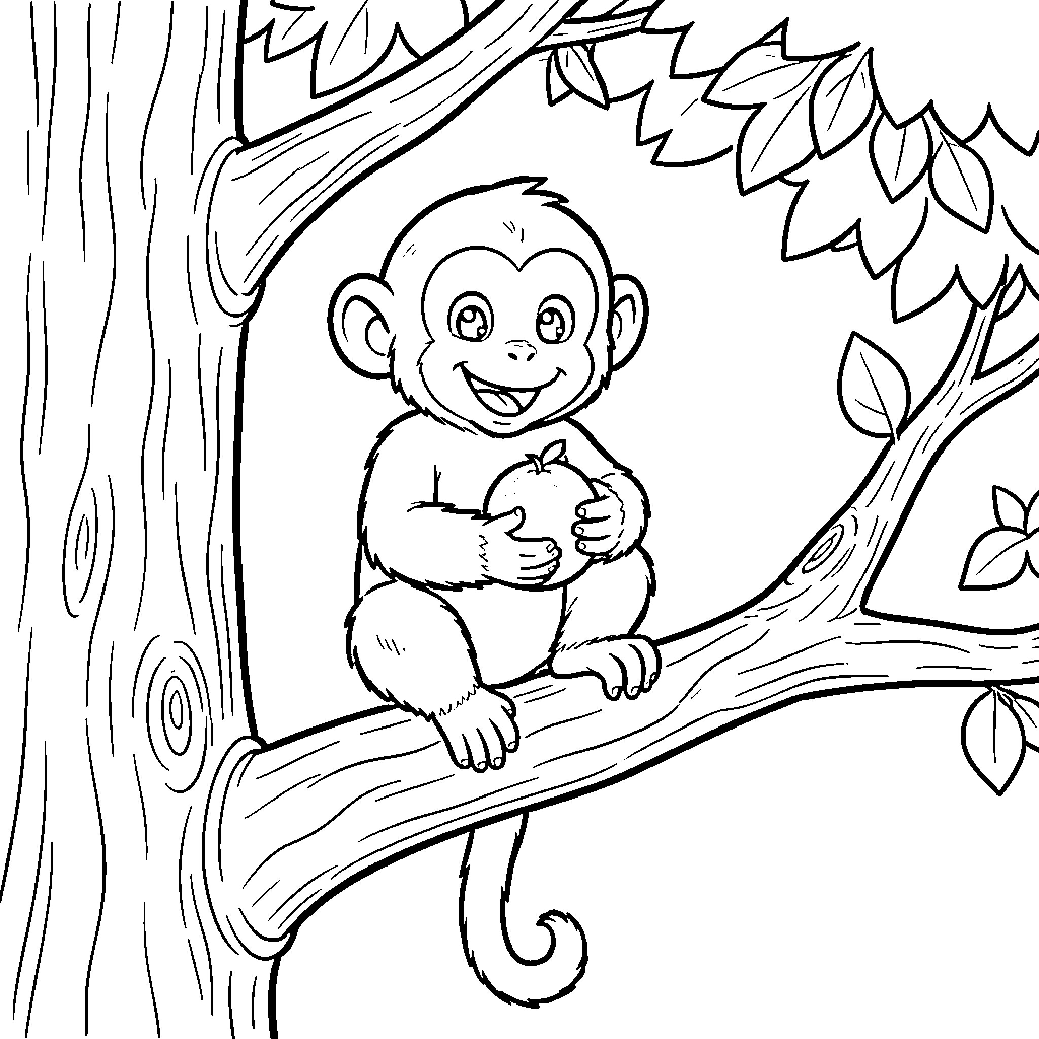 Monkey sitting happily on tree branch Coloring Page (free black-and-white line drawing printable PDF for all, from beginners to advanced learners, including children, teens, adults, and seniors)