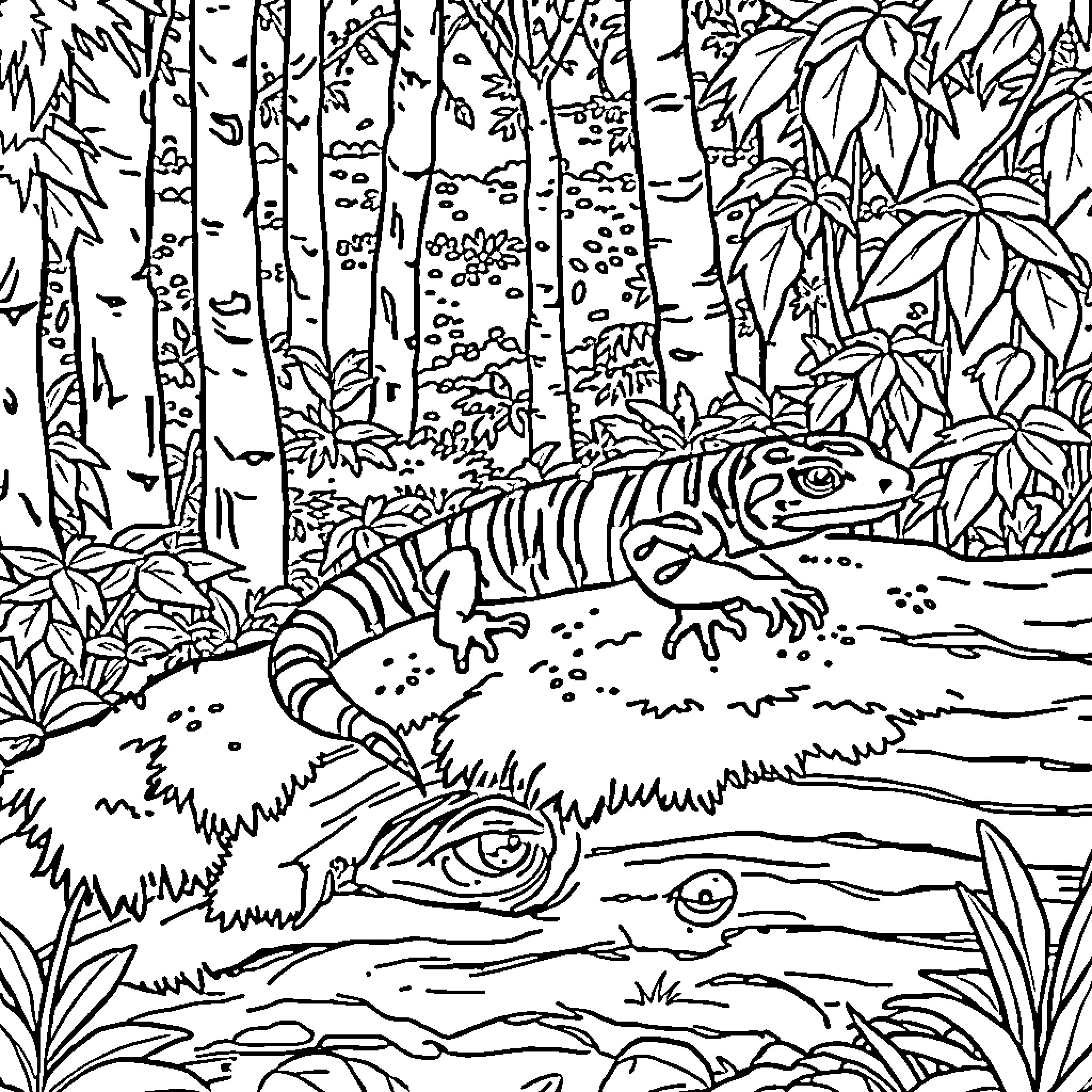 Tiger Salamander exploring its forest habitat Coloring Page (free black-and-white line drawing printable PDF for all, from beginners to advanced learners, including children, teens, adults, and seniors)