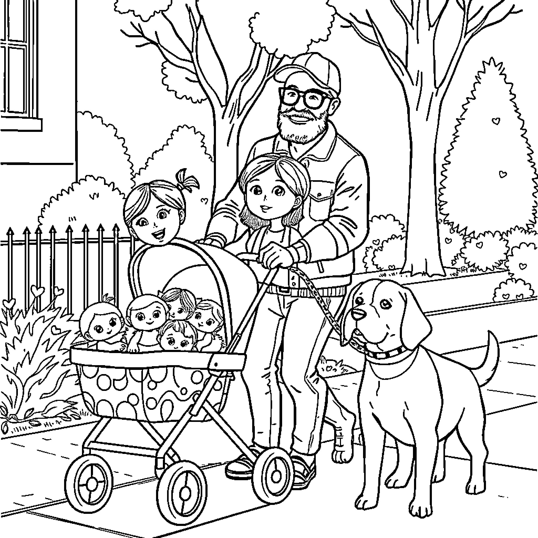 Girl and Family Enjoying an Outdoor Stroll Coloring Page (free black-and-white line drawing printable PDF for all, from beginners to advanced learners, including children, teens, adults, and seniors)