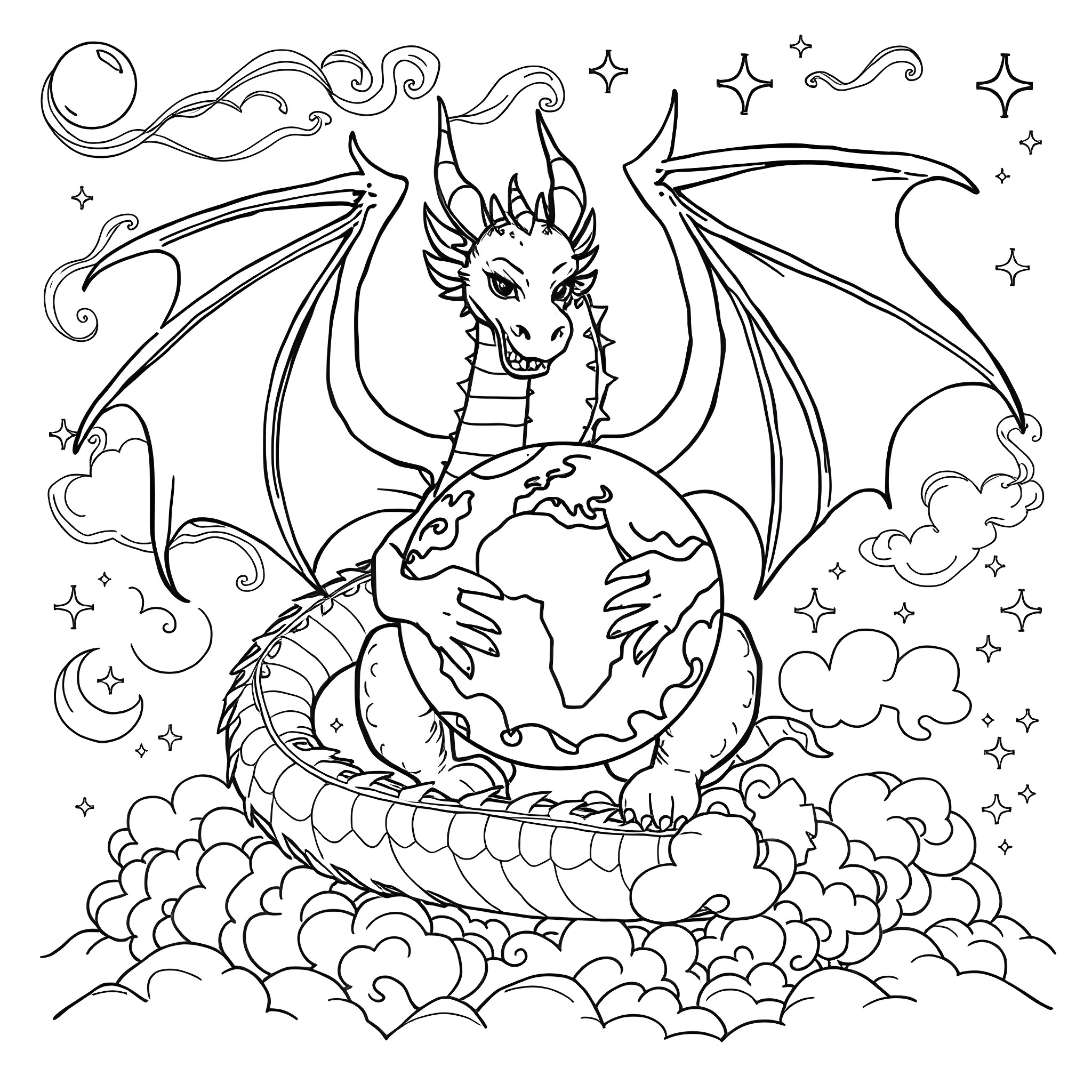 Dragon protecting the Earth in the starry night sky Coloring Page (free black-and-white line drawing printable PDF for all, from beginners to advanced learners, including children, teens, adults, and seniors)