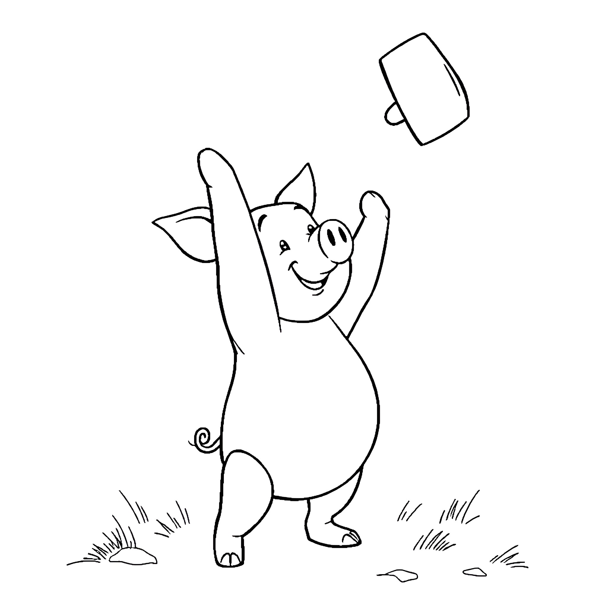 Piglet happily waving goodbye Coloring Page (free black-and-white line drawing printable PDF for all, from beginners to advanced learners, including children, teens, adults, and seniors)