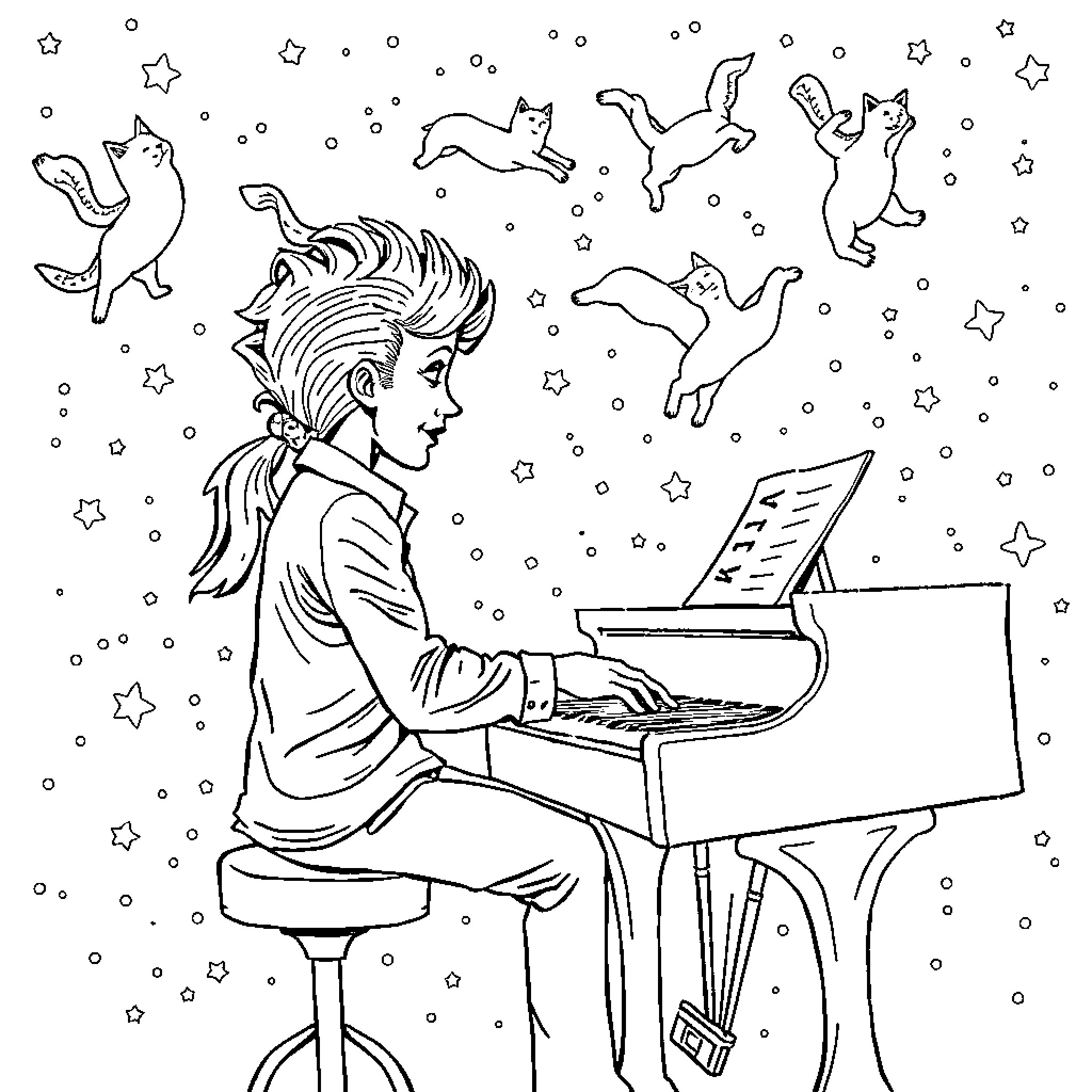 Pianist playing piano amidst whimsical stars and cats Coloring Page (free black-and-white line drawing printable PDF for all, from beginners to advanced learners, including children, teens, adults, and seniors)