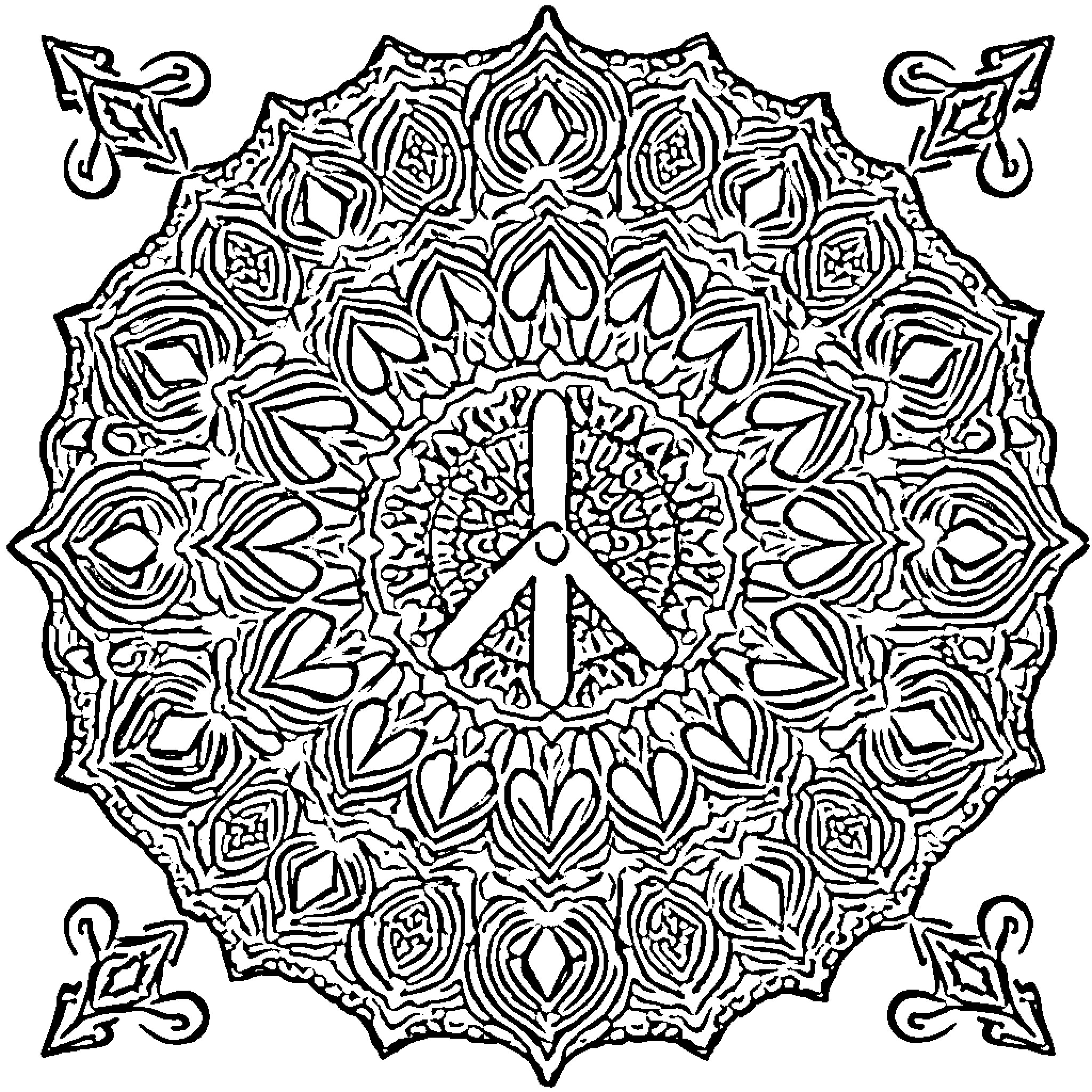Mandala with intricate peace symbol design Coloring Page (free black-and-white line drawing printable PDF for all, from beginners to advanced learners, including children, teens, adults, and seniors)