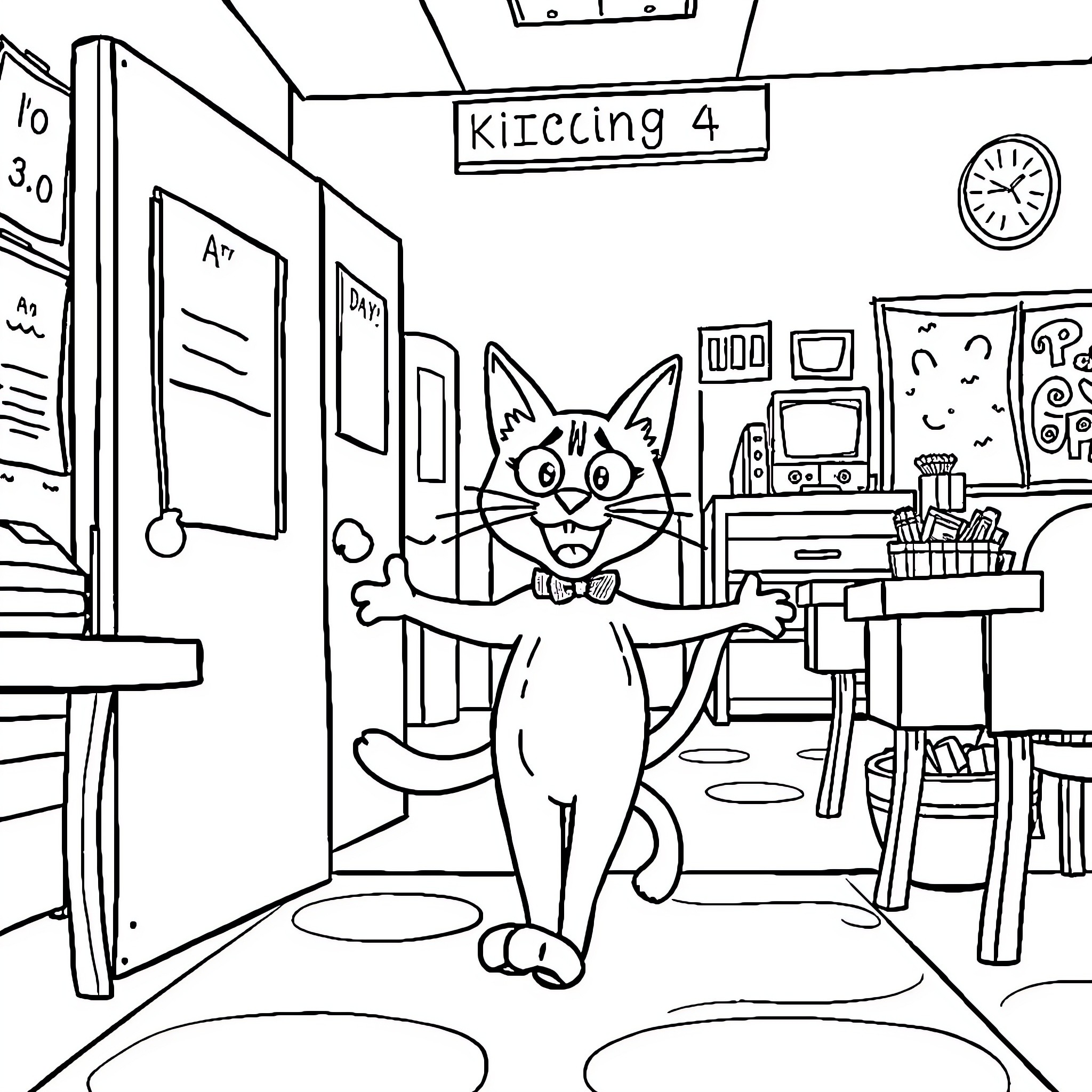 Pete the Cat in the Classroom Coloring Page (free black-and-white line drawing printable PDF for all, from beginners to advanced learners, including children, teens, adults, and seniors)