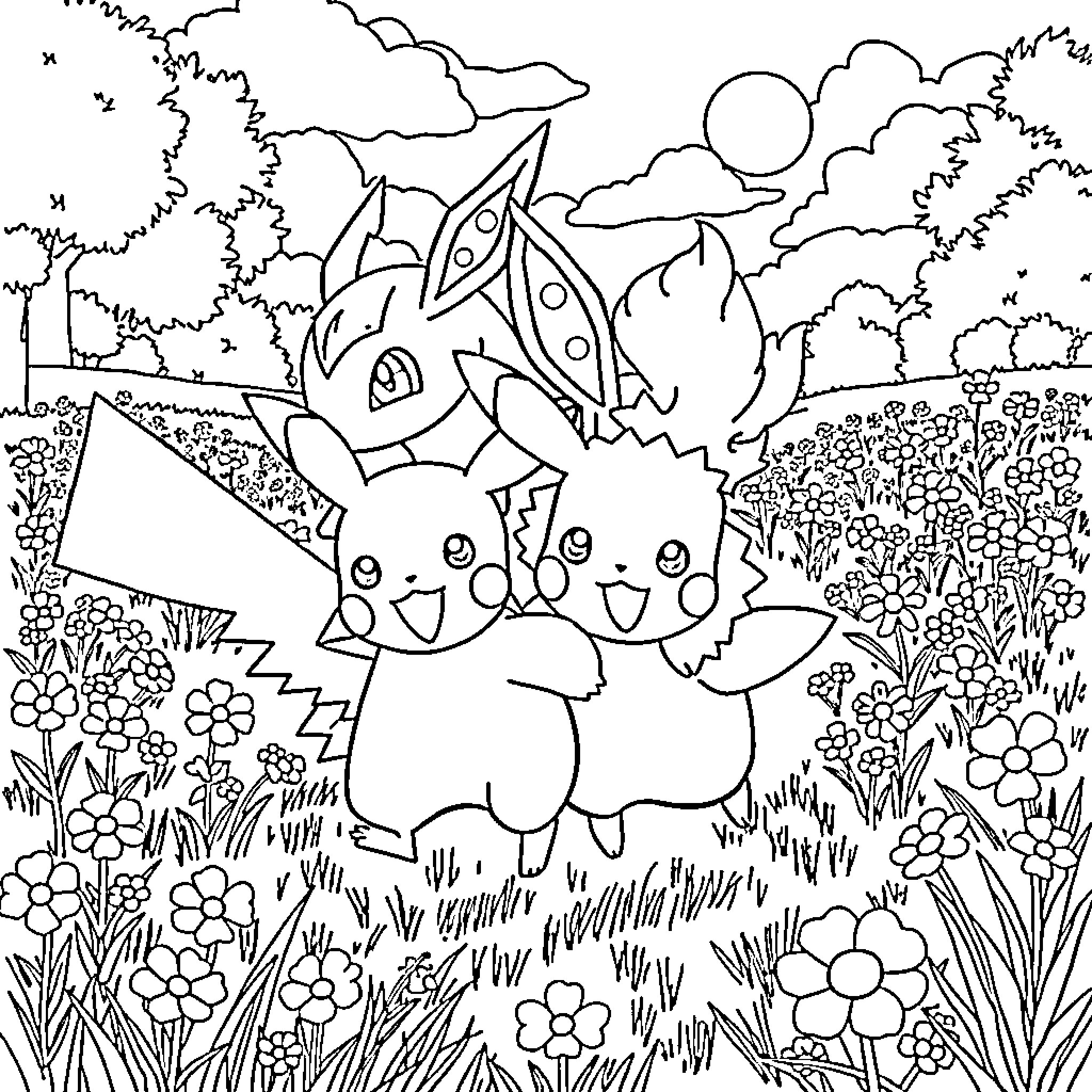 Pikachu and friends explore the enchanted forest Coloring Page (free black-and-white line drawing printable PDF for all, from beginners to advanced learners, including children, teens, adults, and seniors)