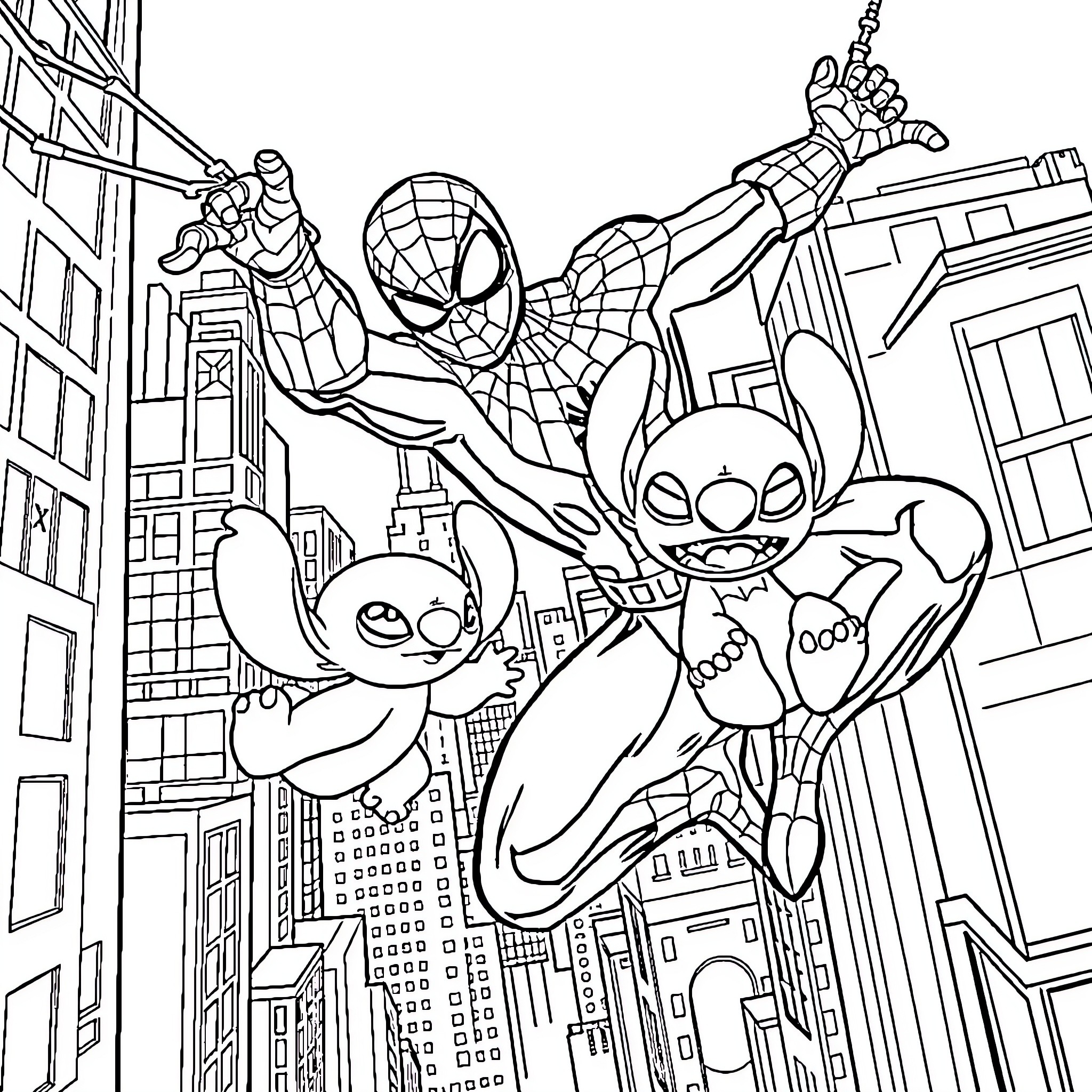 Spiderman and friends swinging through the city Coloring Page (free black-and-white line drawing printable PDF for all, from beginners to advanced learners, including children, teens, adults, and seniors)