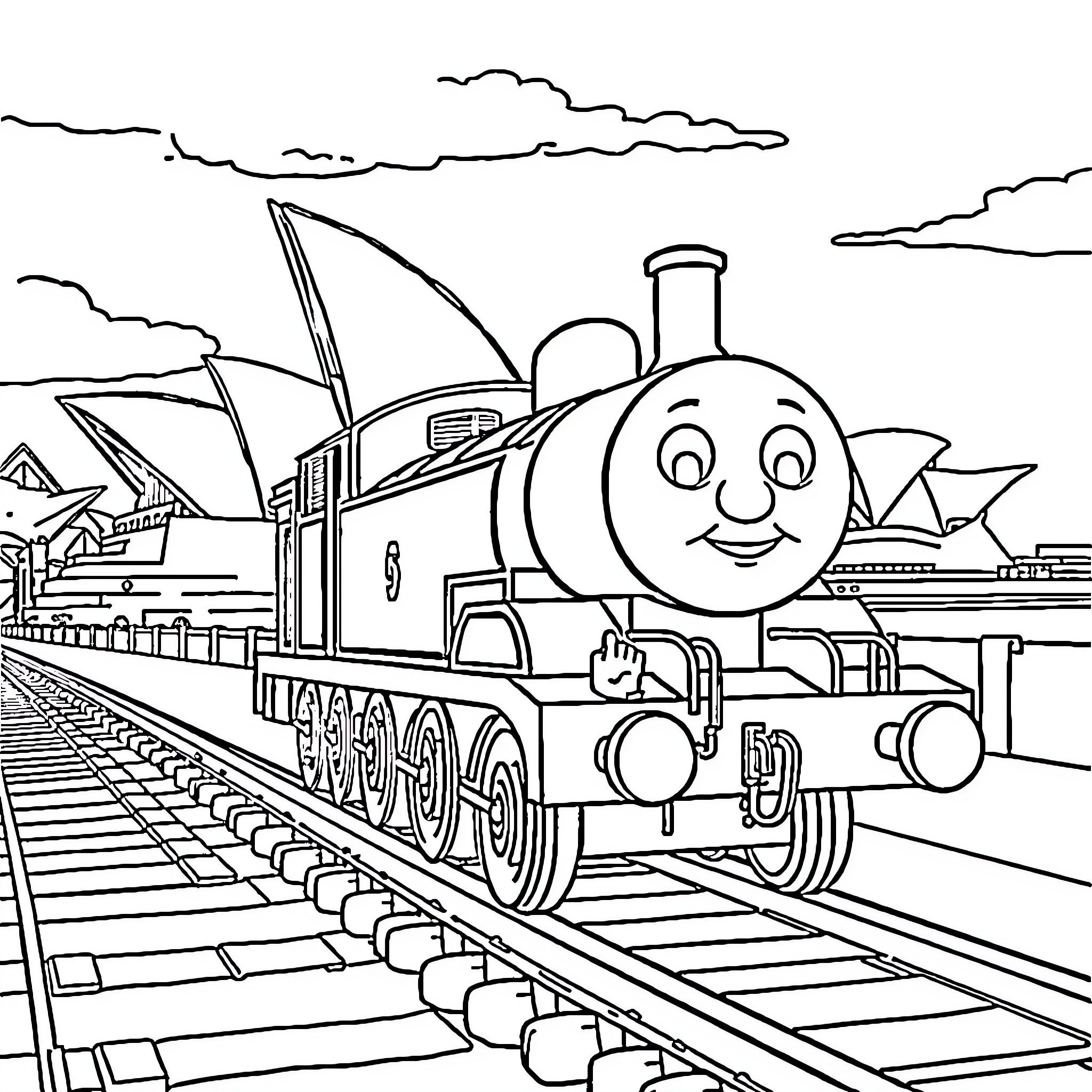 Thomas Travels Through Iconic Landscapes Coloring Page (free black-and-white line drawing printable PDF for all, from beginners to advanced learners, including children, teens, adults, and seniors)