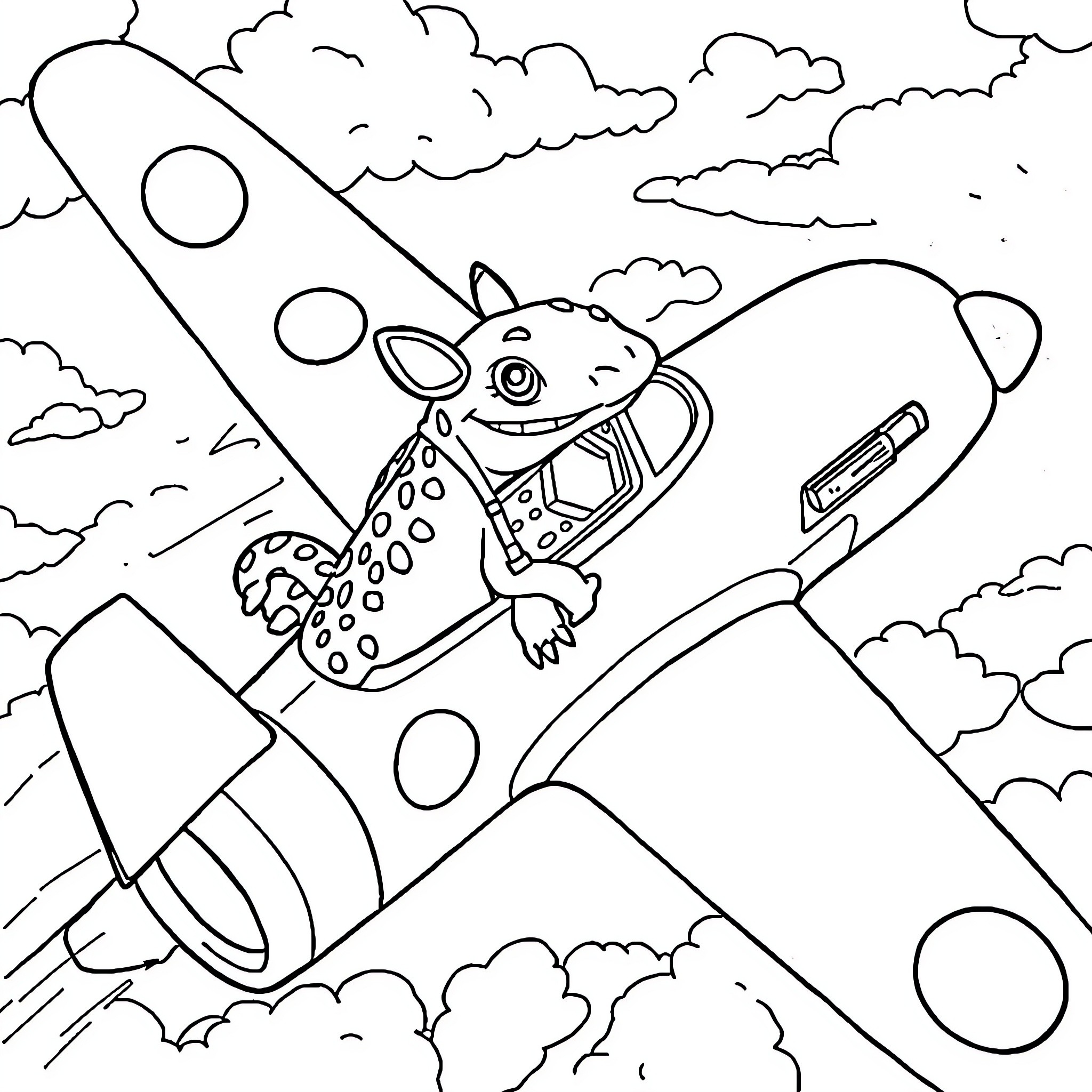 Axolotl in a Rocket Ship Adventure Coloring Page (free black-and-white line drawing printable PDF for all, from beginners to advanced learners, including children, teens, adults, and seniors)