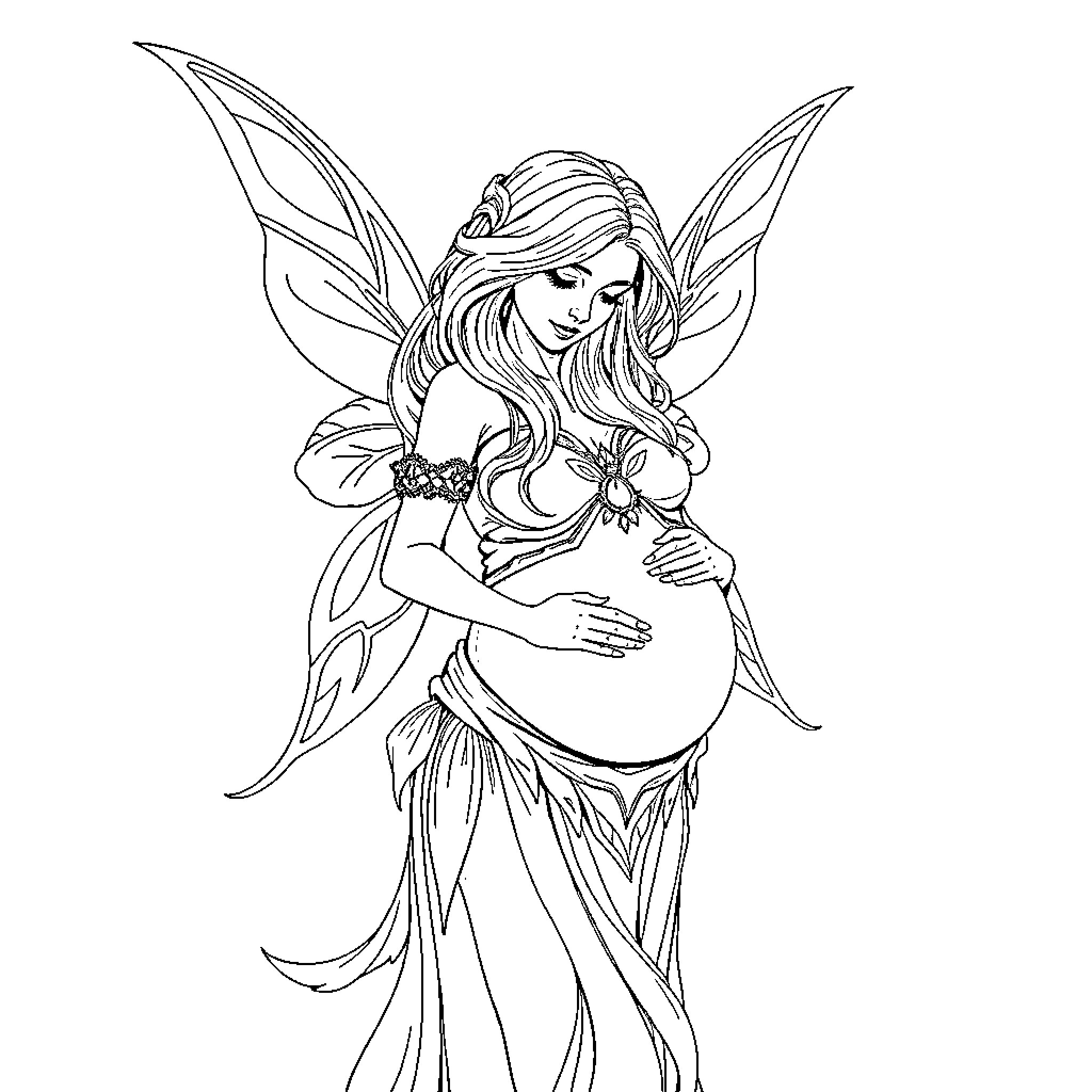 Fairy embracing her newborn child with joy Coloring Page (free black-and-white line drawing printable PDF for all, from beginners to advanced learners, including children, teens, adults, and seniors)