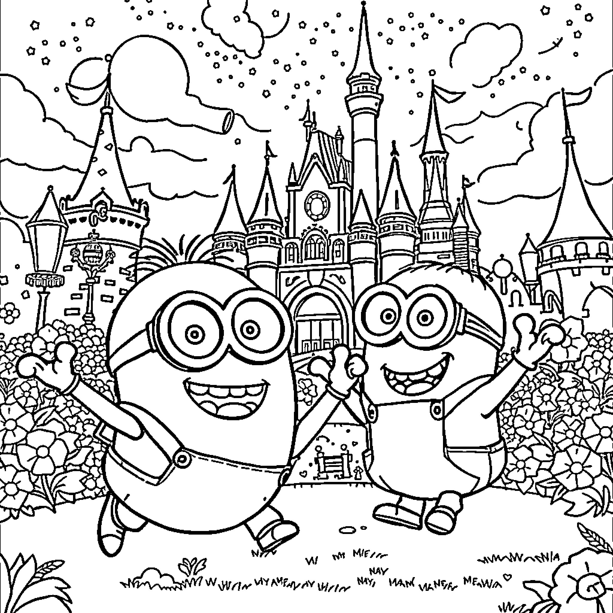 Minions exploring a fantastical castle landscape Coloring Page (free black-and-white line drawing printable PDF for all, from beginners to advanced learners, including children, teens, adults, and seniors)