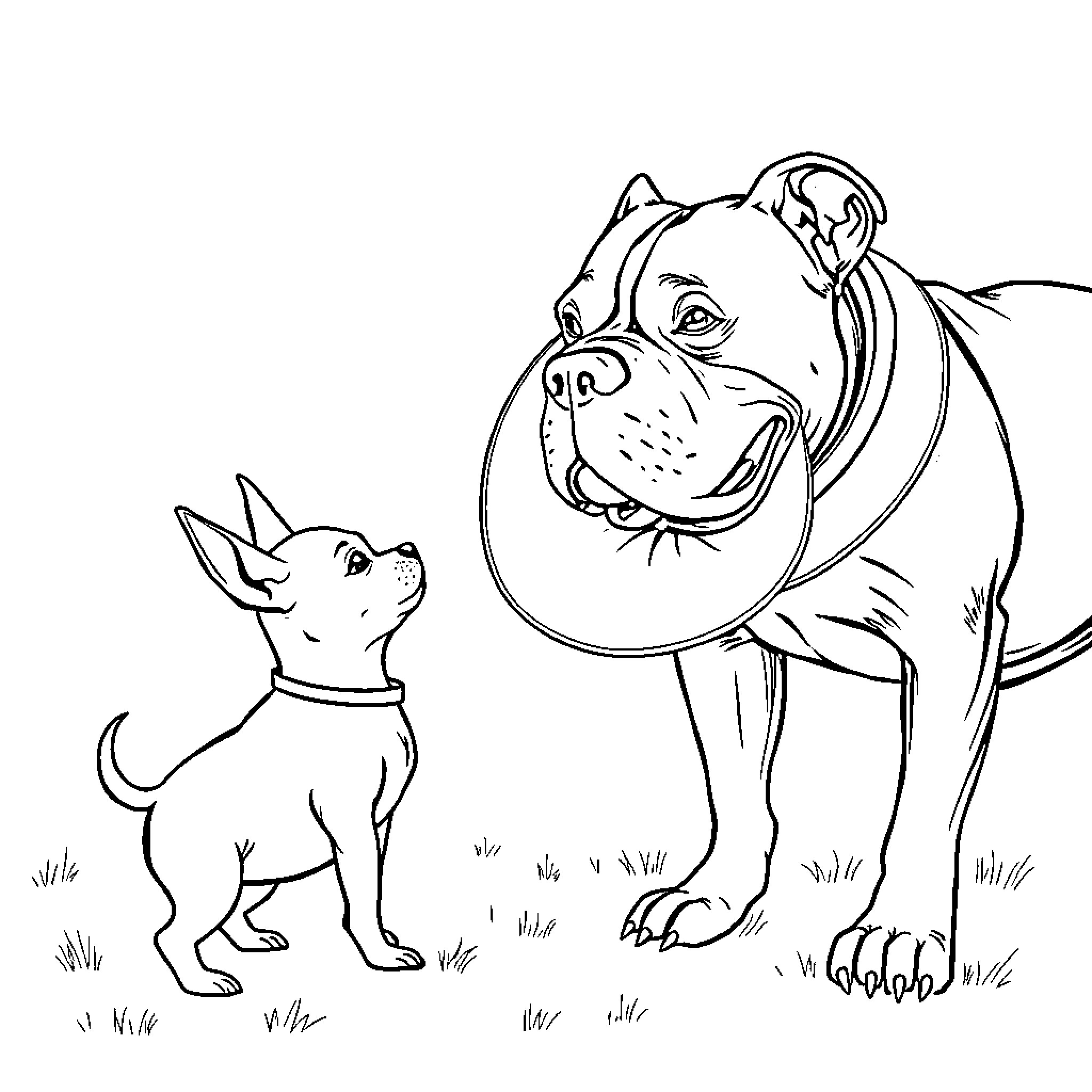 Chihuahua and its larger canine companion Coloring Page (free black-and-white line drawing printable PDF for all, from beginners to advanced learners, including children, teens, adults, and seniors)