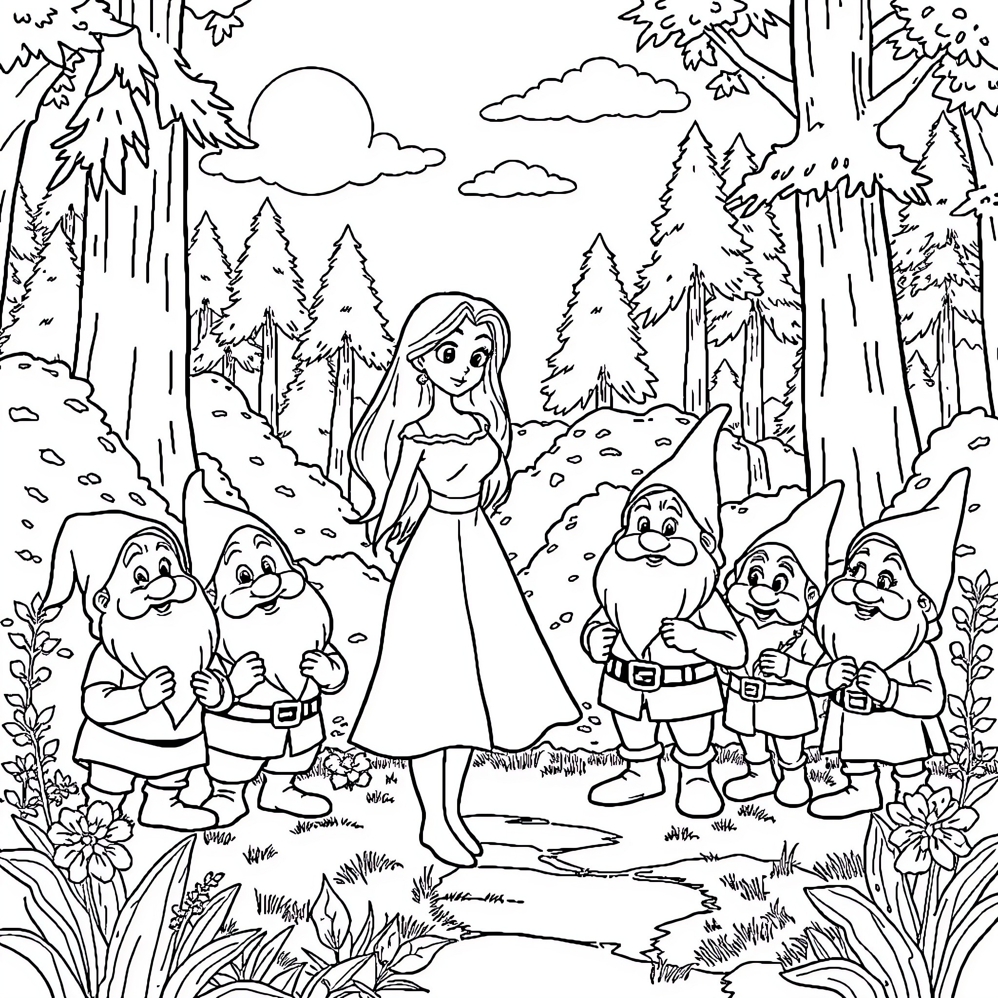 Bonnie Blue's Forest Adventure with Gnomes Coloring Page (free black-and-white line drawing printable PDF for all, from beginners to advanced learners, including children, teens, adults, and seniors)