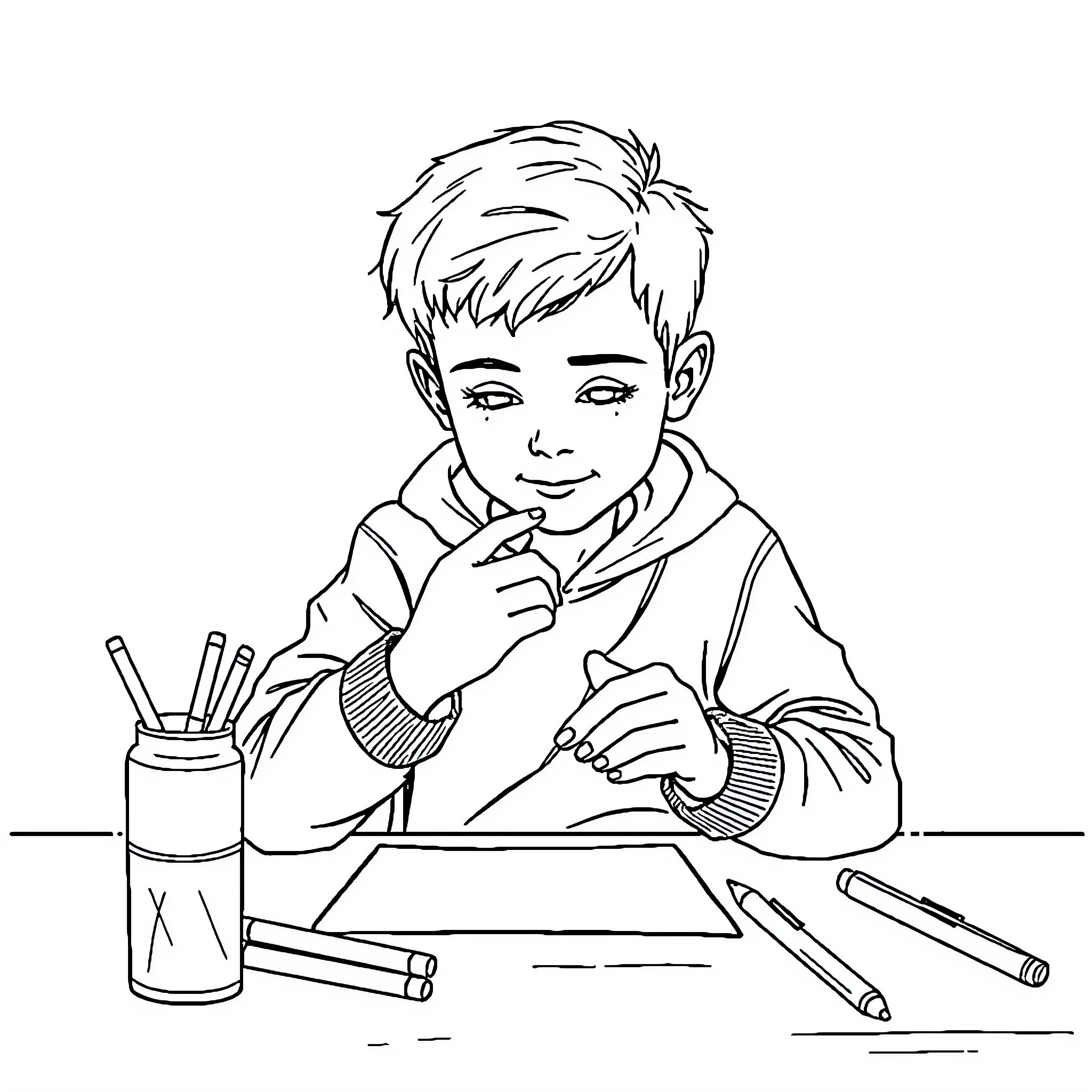 Boy engaged in thoughtful drawing with art supplies Coloring Page (free black-and-white line drawing printable PDF for all, from beginners to advanced learners, including children, teens, adults, and seniors)