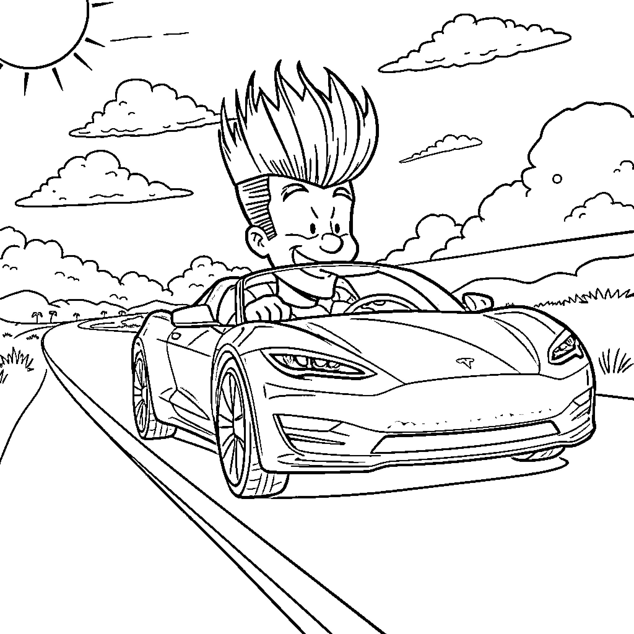 Johnny Bravo driving a sports car on a sunny day Coloring Page (free black-and-white line drawing printable PDF for all, from beginners to advanced learners, including children, teens, adults, and seniors)