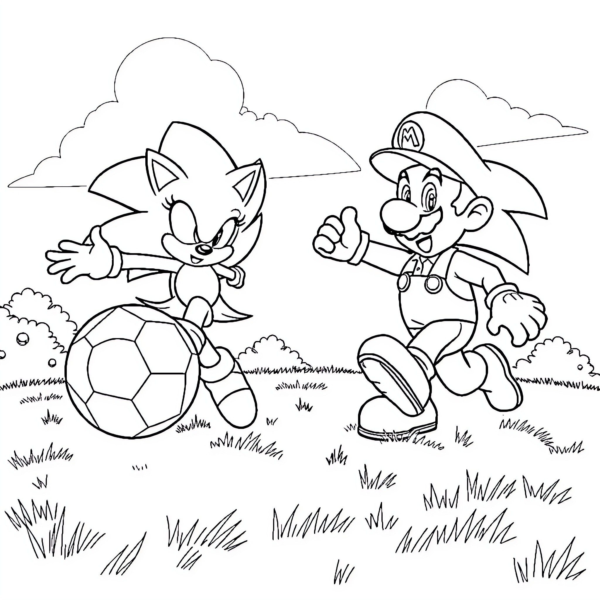Sonic and Mario playing soccer in the park Coloring Page (free black-and-white line drawing printable PDF for all, from beginners to advanced learners, including children, teens, adults, and seniors)