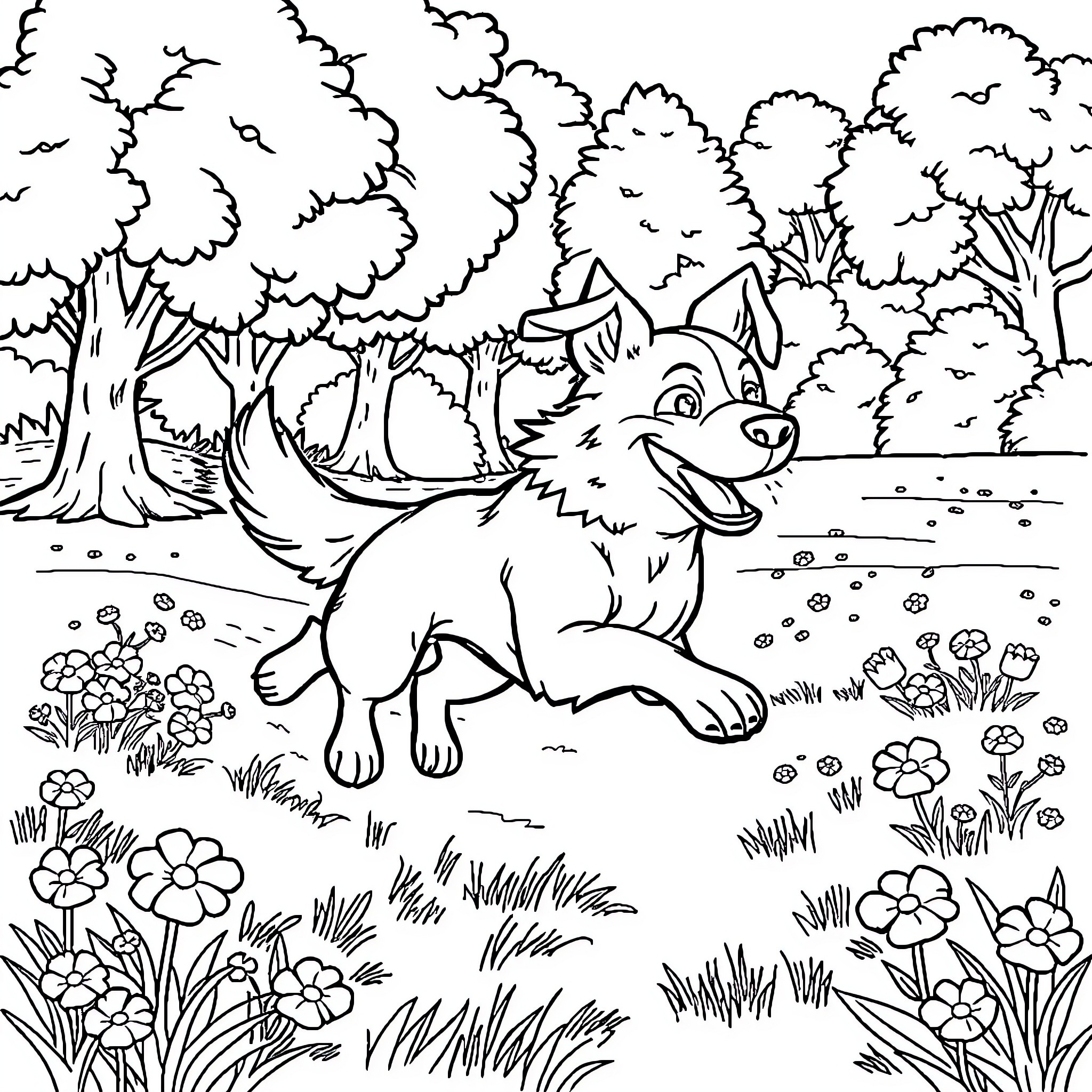 Dog exploring a lush forest Coloring Page (free black-and-white line drawing printable PDF for all, from beginners to advanced learners, including children, teens, adults, and seniors)
