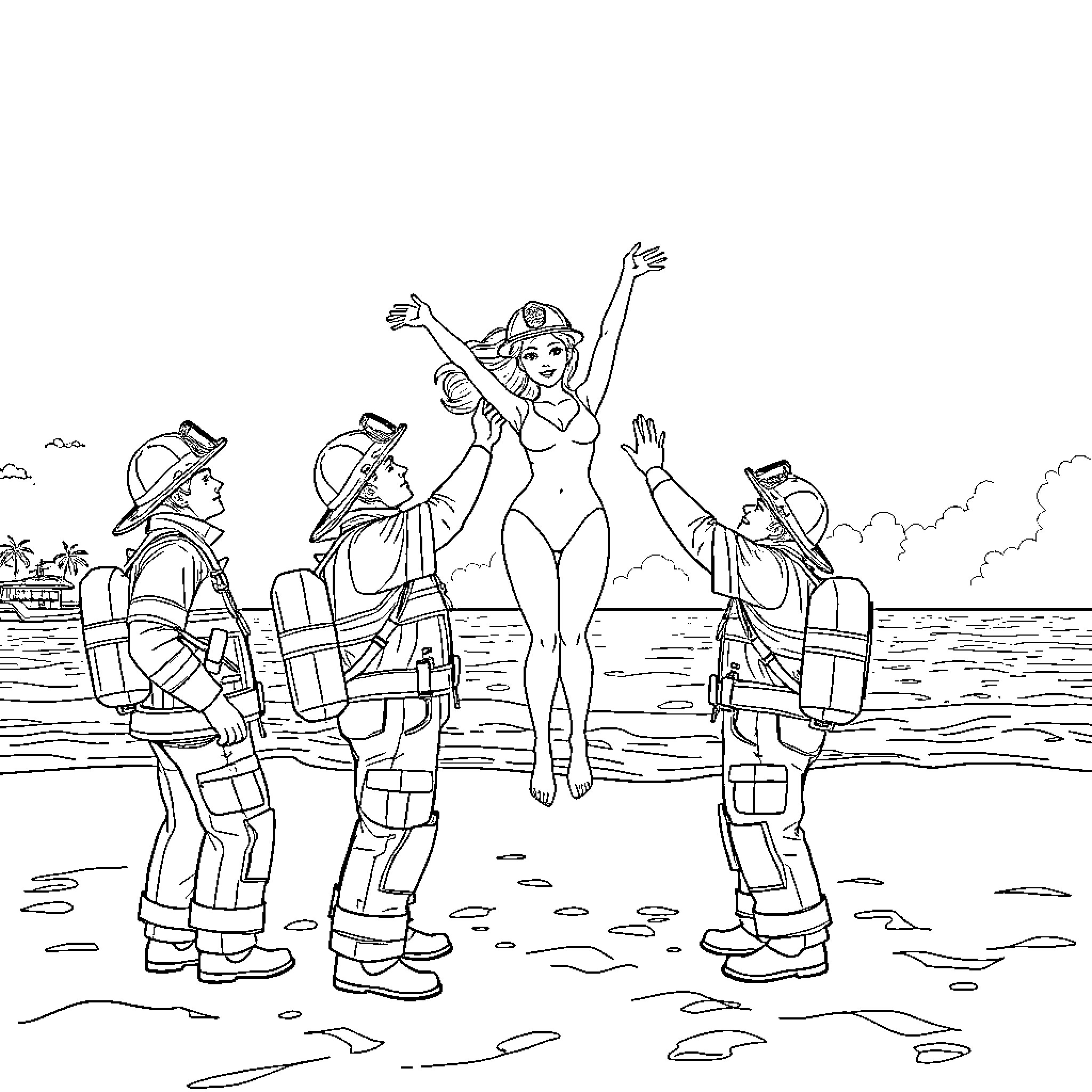 Firefighters rescuing a person from the water Coloring Page (free black-and-white line drawing printable PDF for all, from beginners to advanced learners, including children, teens, adults, and seniors)