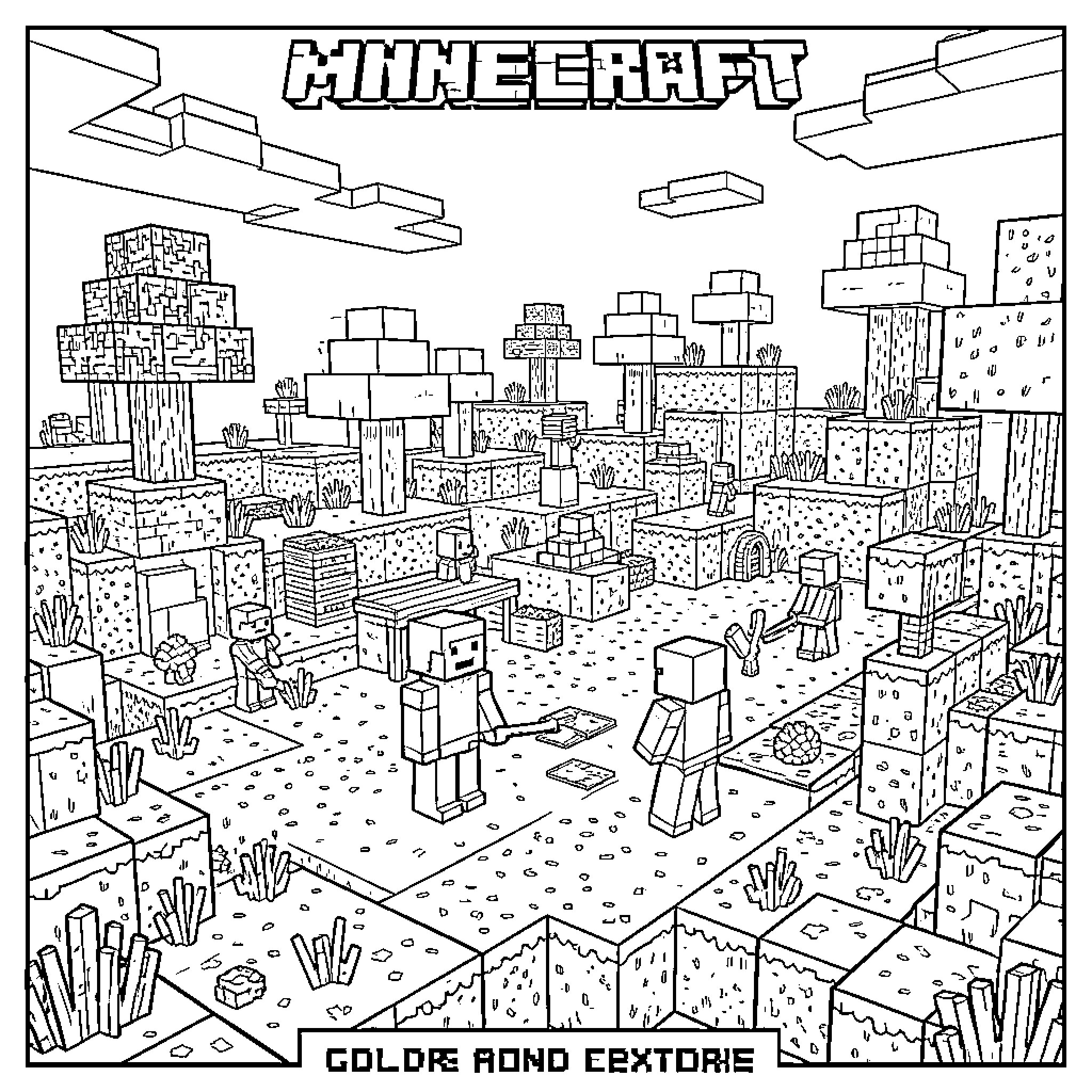Minecraft characters exploring a vast desert landscape Coloring Page (free black-and-white line drawing printable PDF for all, from beginners to advanced learners, including children, teens, adults, and seniors)
