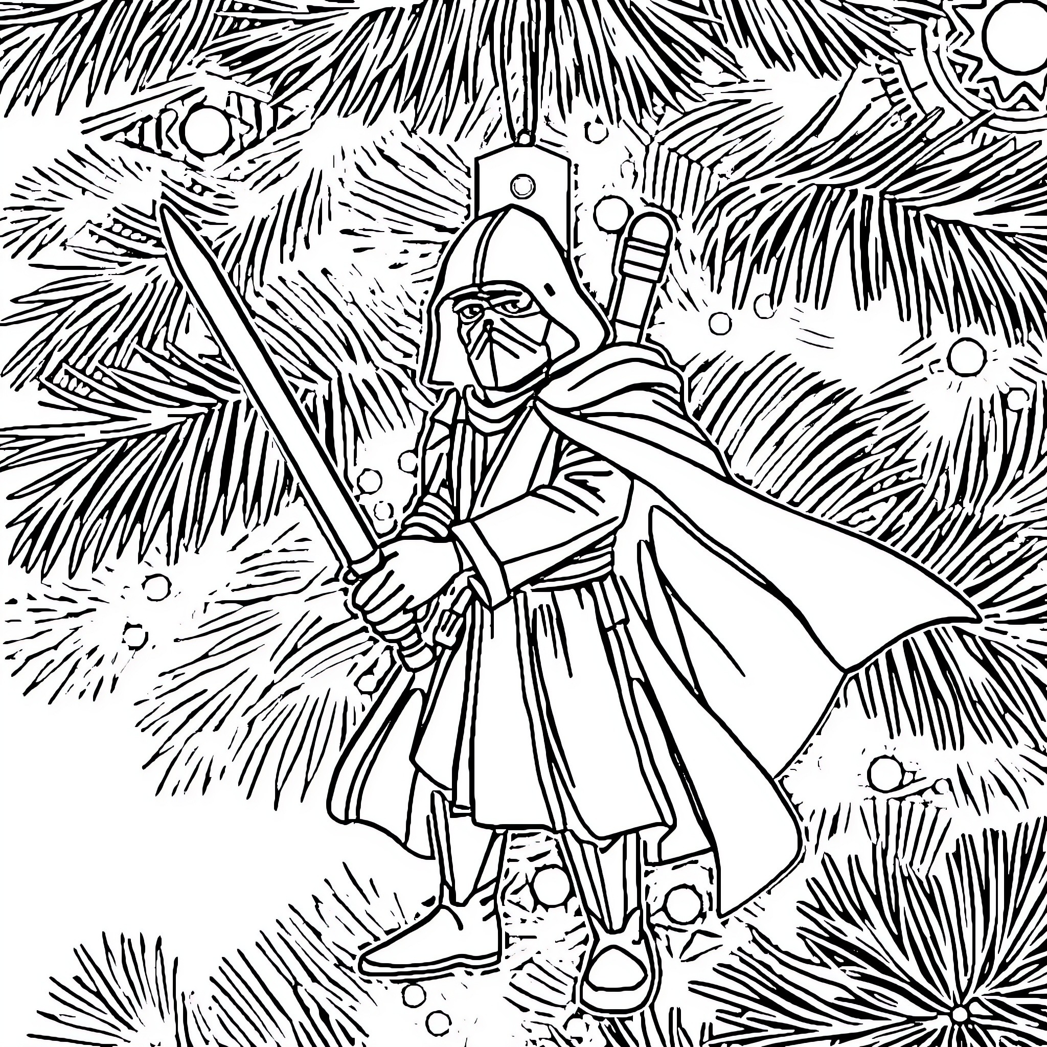 Jedi Knight in Galactic Confrontation Coloring Page (free black-and-white line drawing printable PDF for all, from beginners to advanced learners, including children, teens, adults, and seniors)