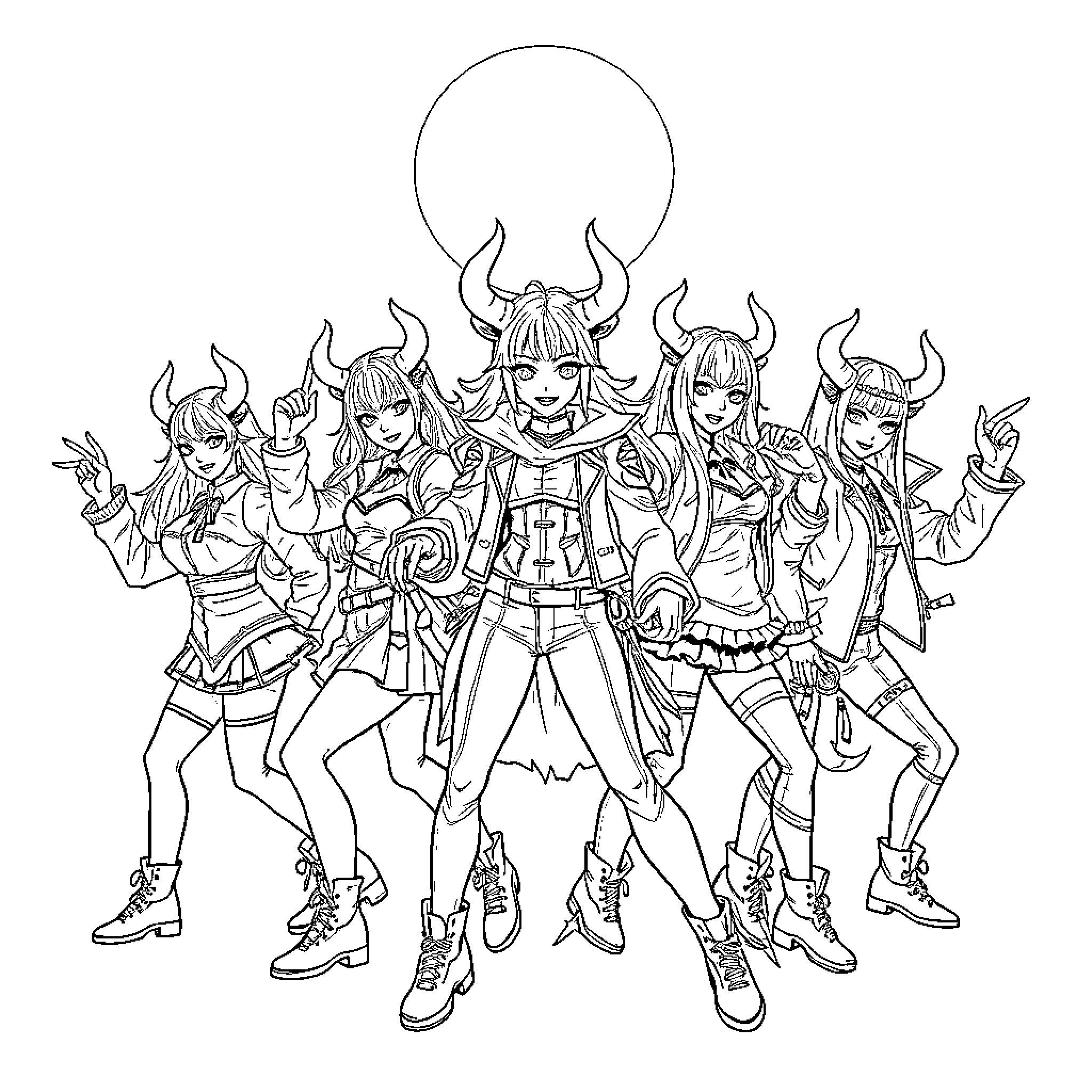 Kpop Demon Hunter Troupe in Action Poses Coloring Page (free black-and-white line drawing printable PDF for all, from beginners to advanced learners, including children, teens, adults, and seniors)