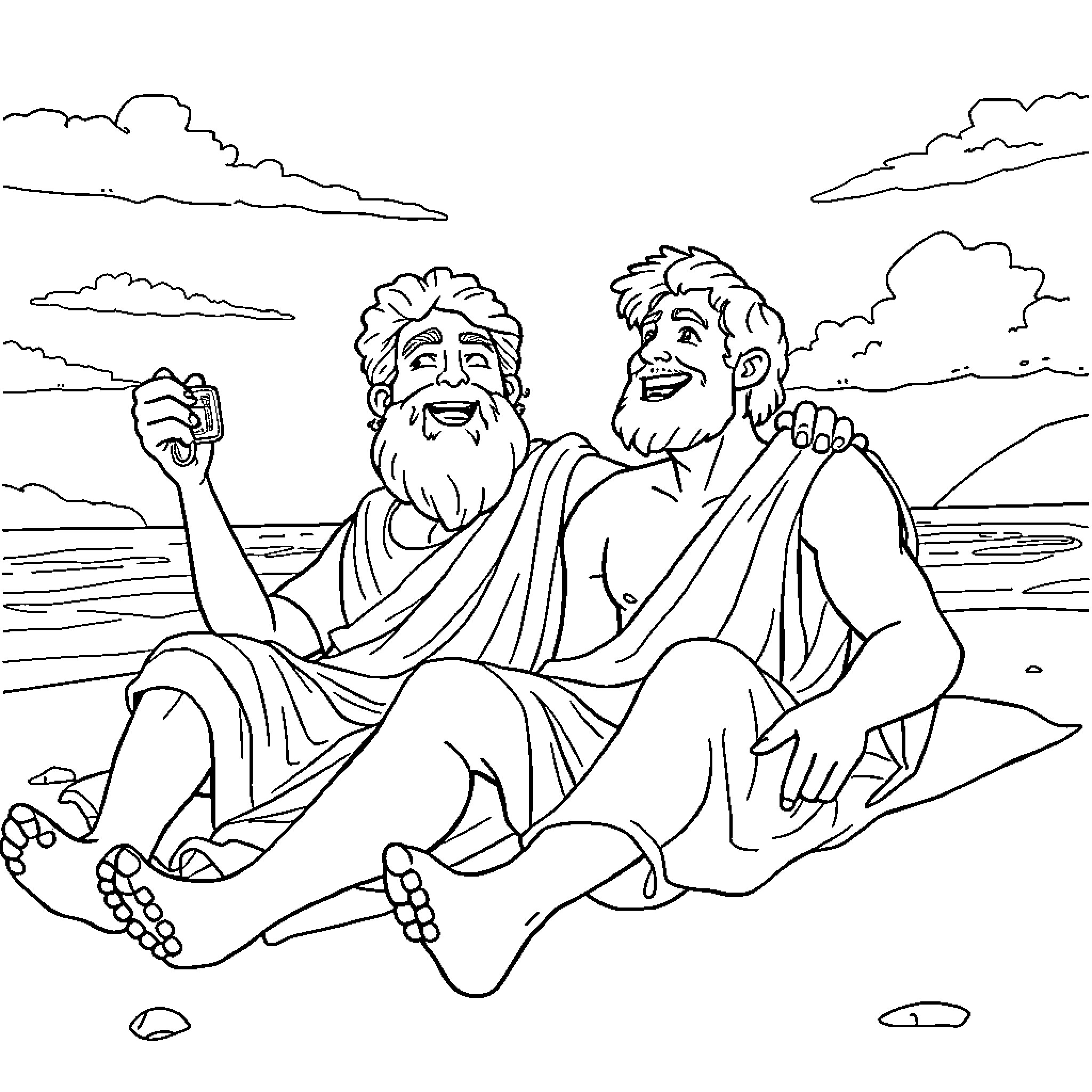 Odysseus and Companion Resting by the Sea Coloring Page (free black-and-white line drawing printable PDF for all, from beginners to advanced learners, including children, teens, adults, and seniors)