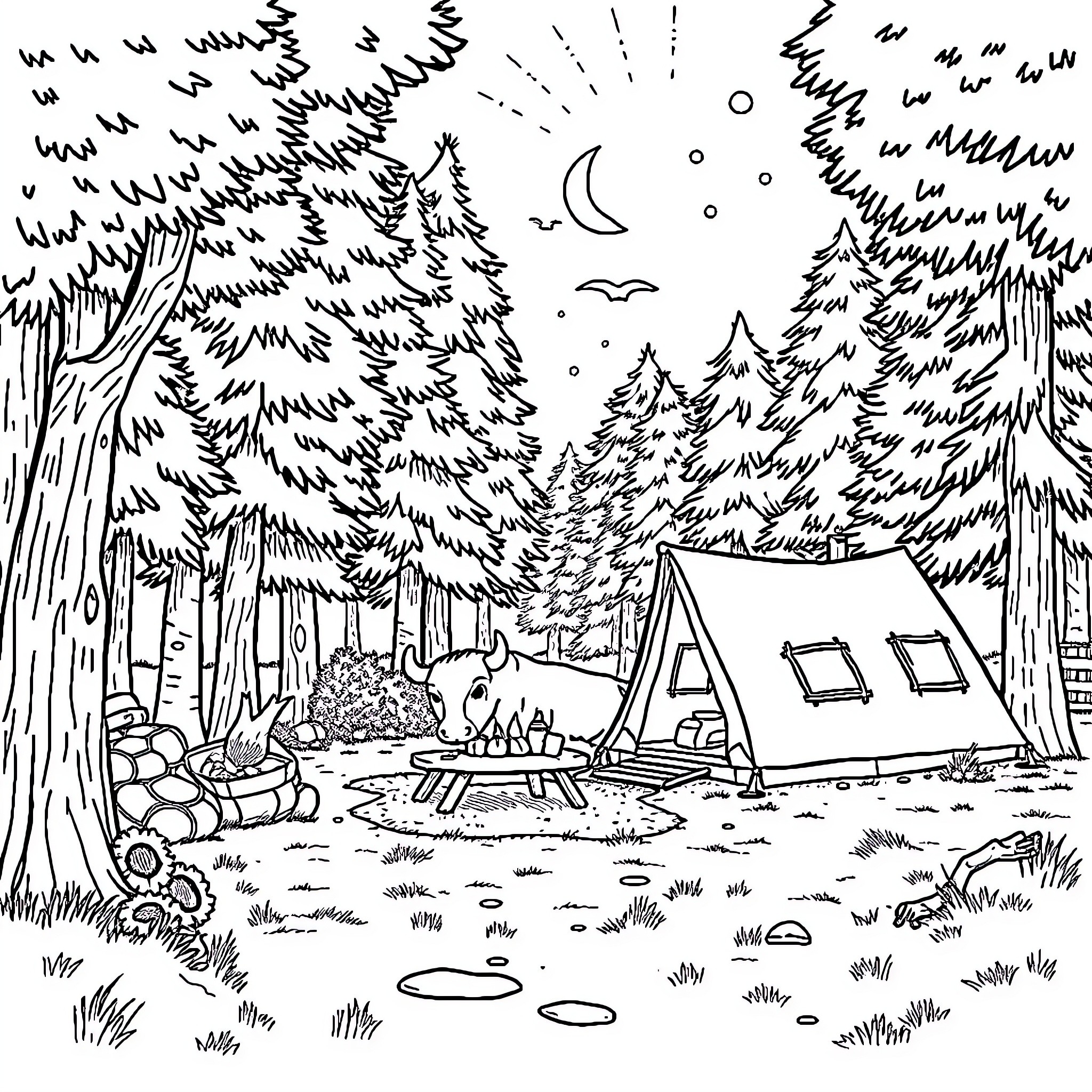 Cow camping in the serene forest Coloring Page (free black-and-white line drawing printable PDF for all, from beginners to advanced learners, including children, teens, adults, and seniors)