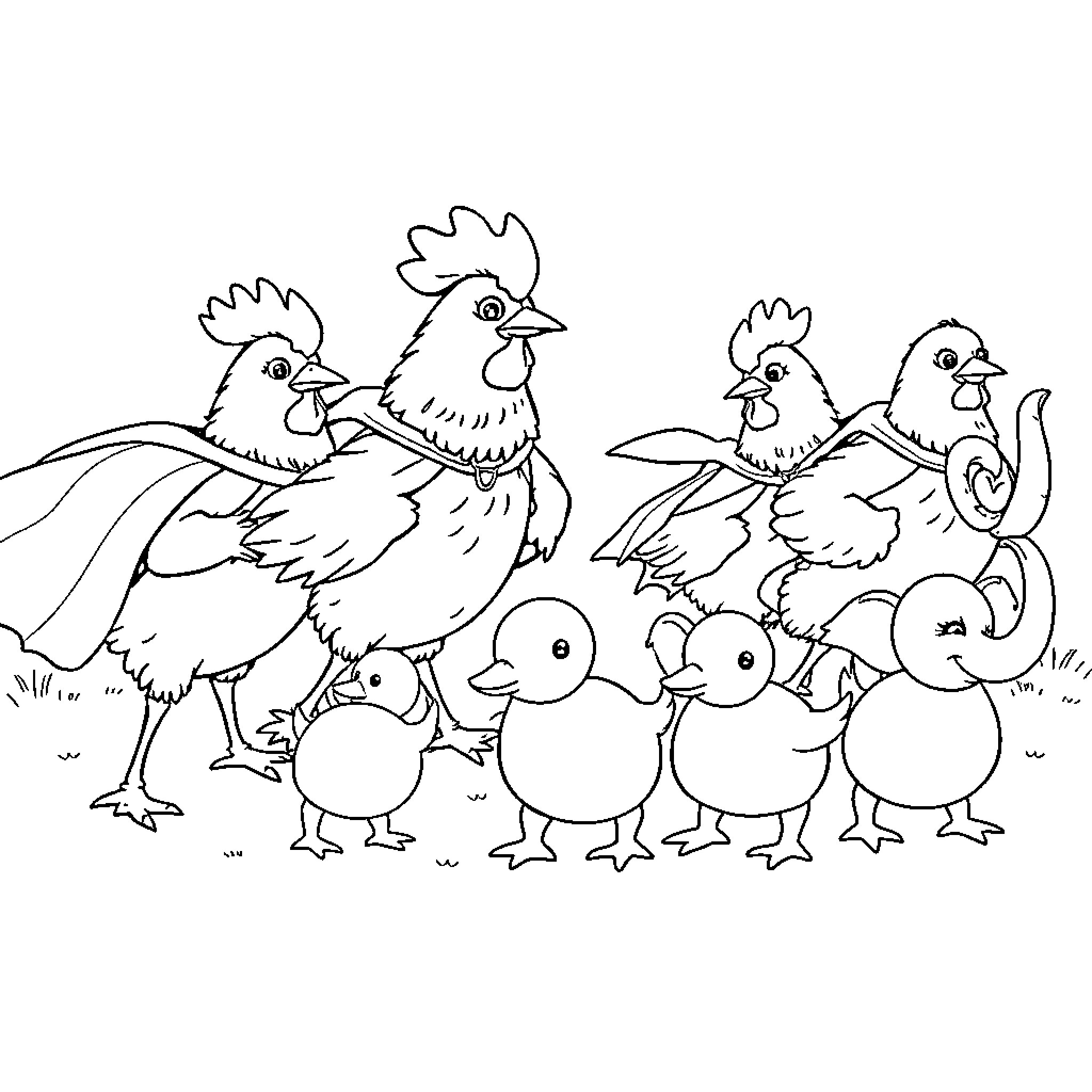 Chicken Family Taking a Stroll Coloring Page (free black-and-white line drawing printable PDF for all, from beginners to advanced learners, including children, teens, adults, and seniors)