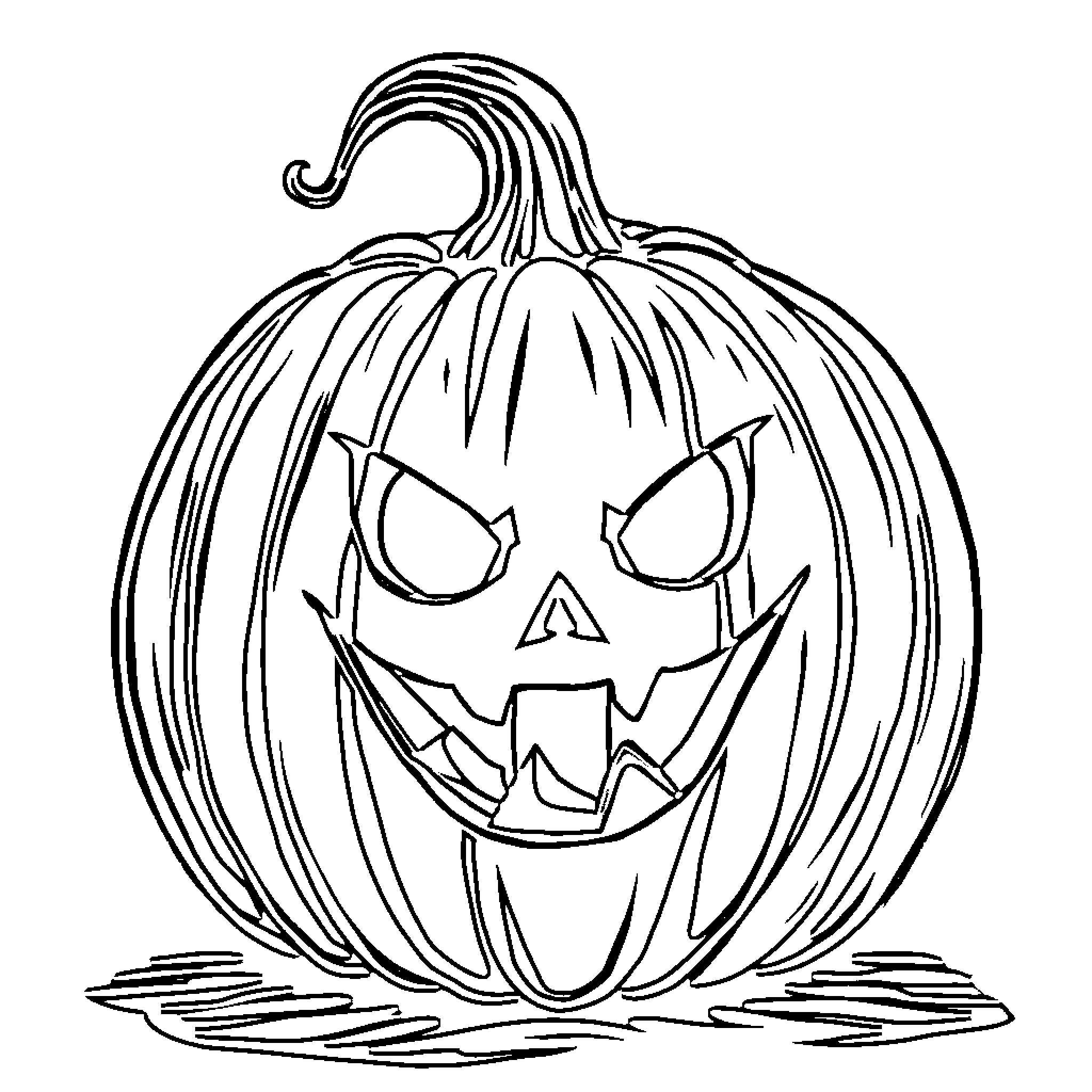 Pumpkin with creepy grin and sharp teeth Coloring Page (free black-and-white line drawing printable PDF for all, from beginners to advanced learners, including children, teens, adults, and seniors)