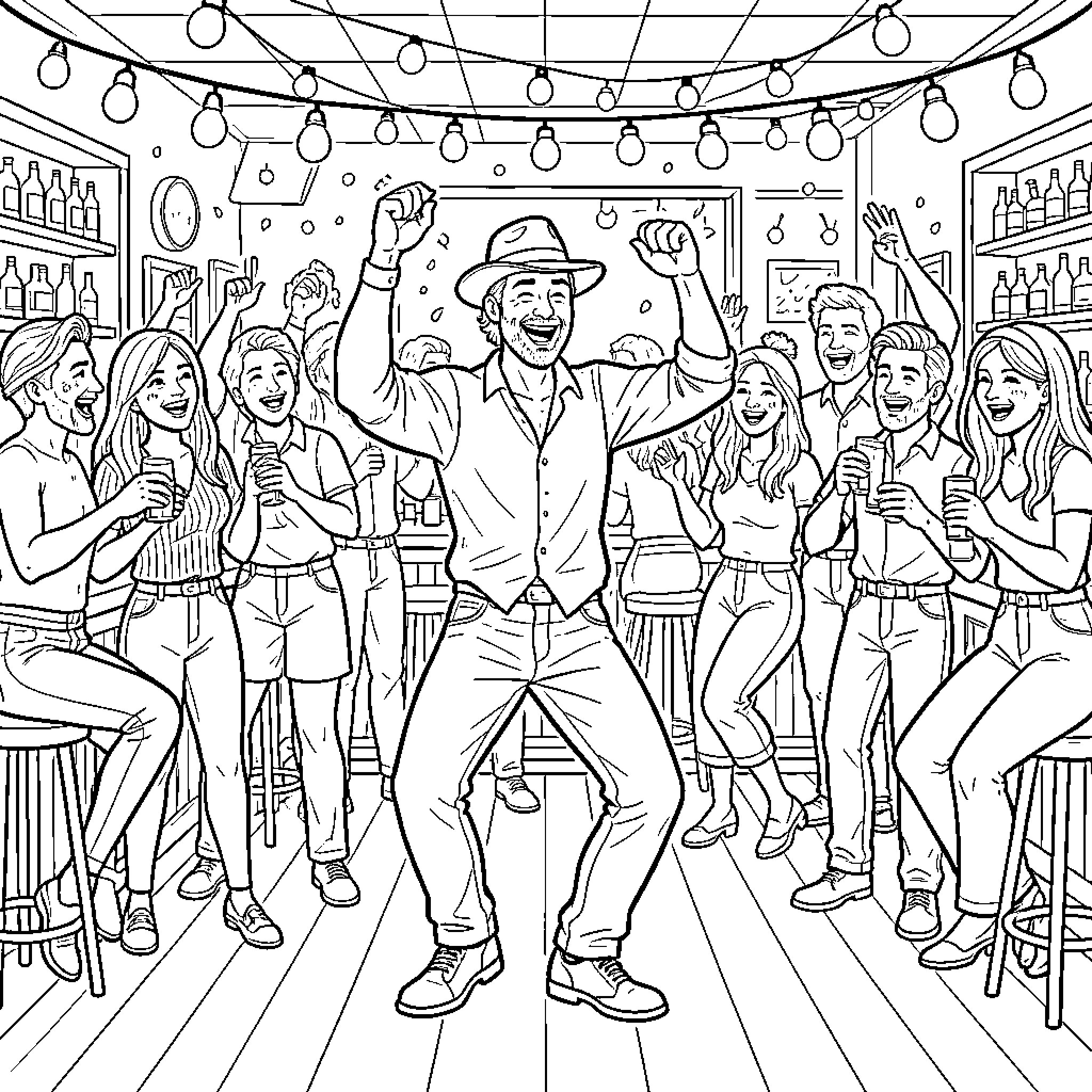 Linedancer celebrating at the bar with a group Coloring Page (free black-and-white line drawing printable PDF for all, from beginners to advanced learners, including children, teens, adults, and seniors)