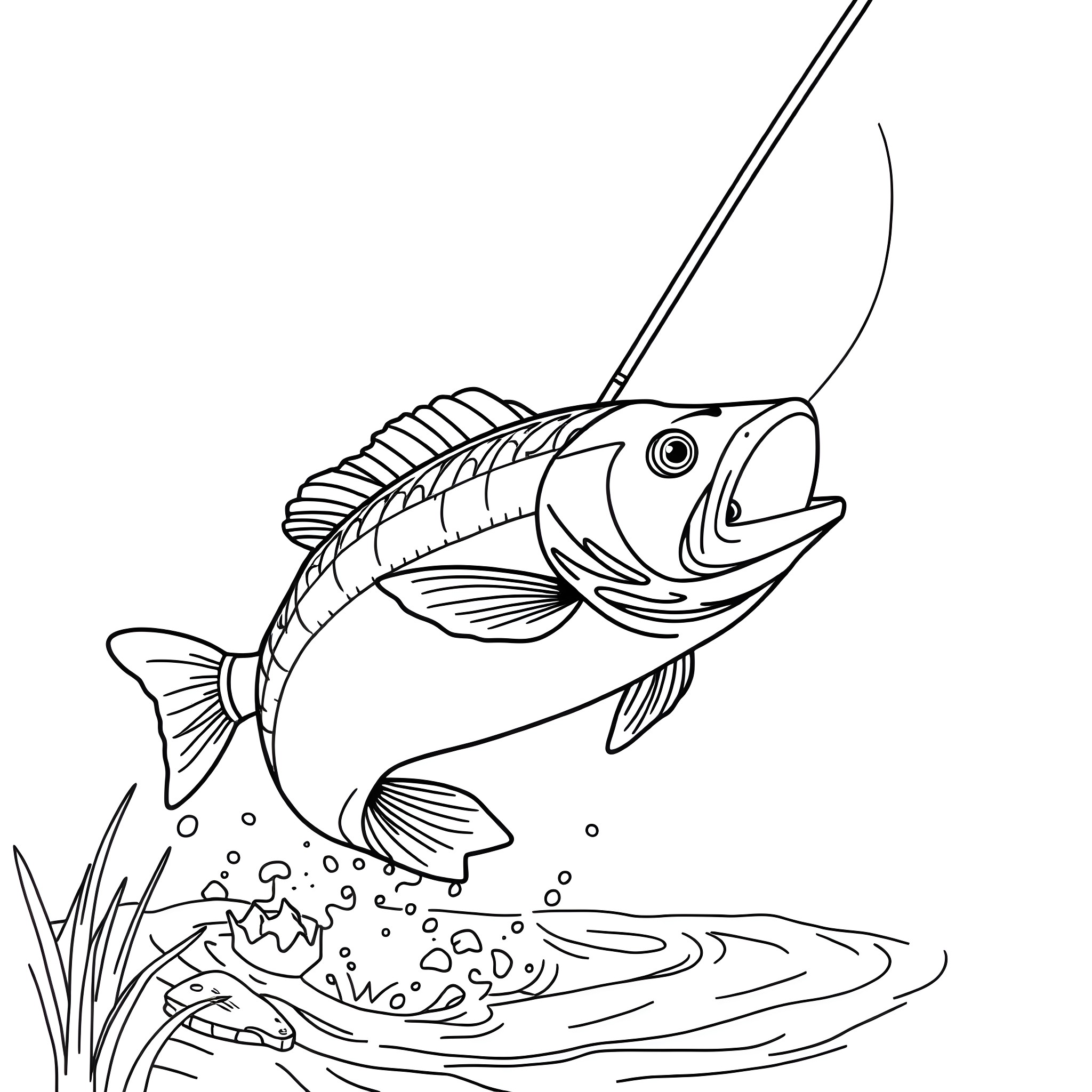 Fish caught on fishing line in water Coloring Page (free black-and-white line drawing printable PDF for all, from beginners to advanced learners, including children, teens, adults, and seniors)