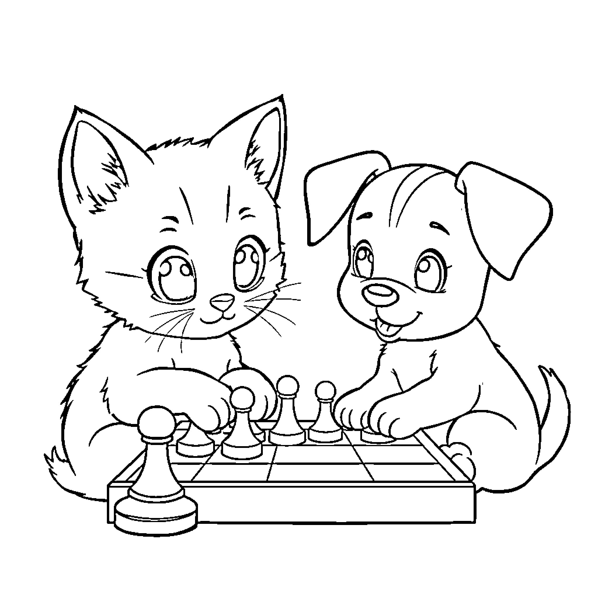 Kitten and puppy playing chess together Coloring Page (free black-and-white line drawing printable PDF for all, from beginners to advanced learners, including children, teens, adults, and seniors)