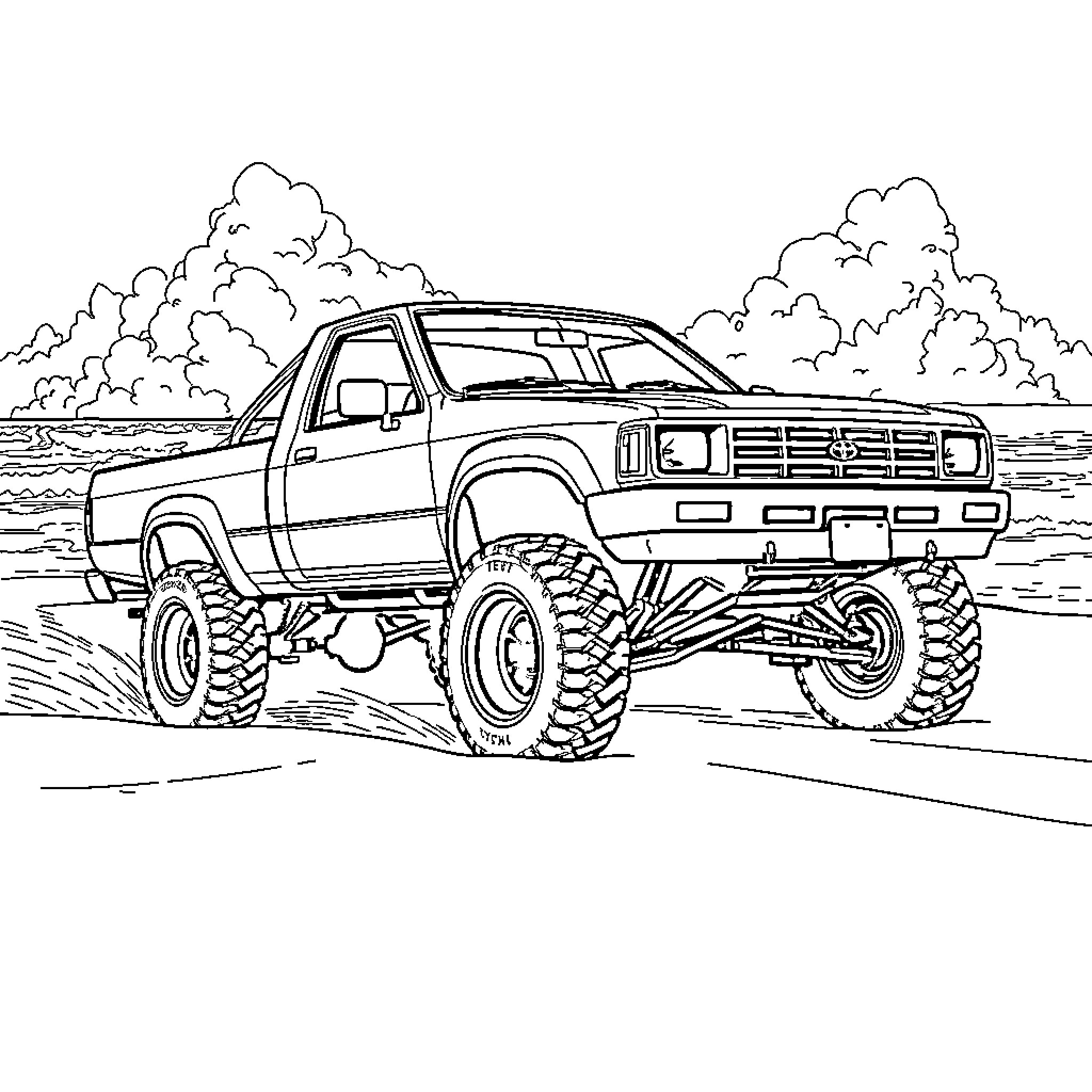 Toyota Off-Road Truck Traversing Rough Terrain Coloring Page (free black-and-white line drawing printable PDF for all, from beginners to advanced learners, including children, teens, adults, and seniors)