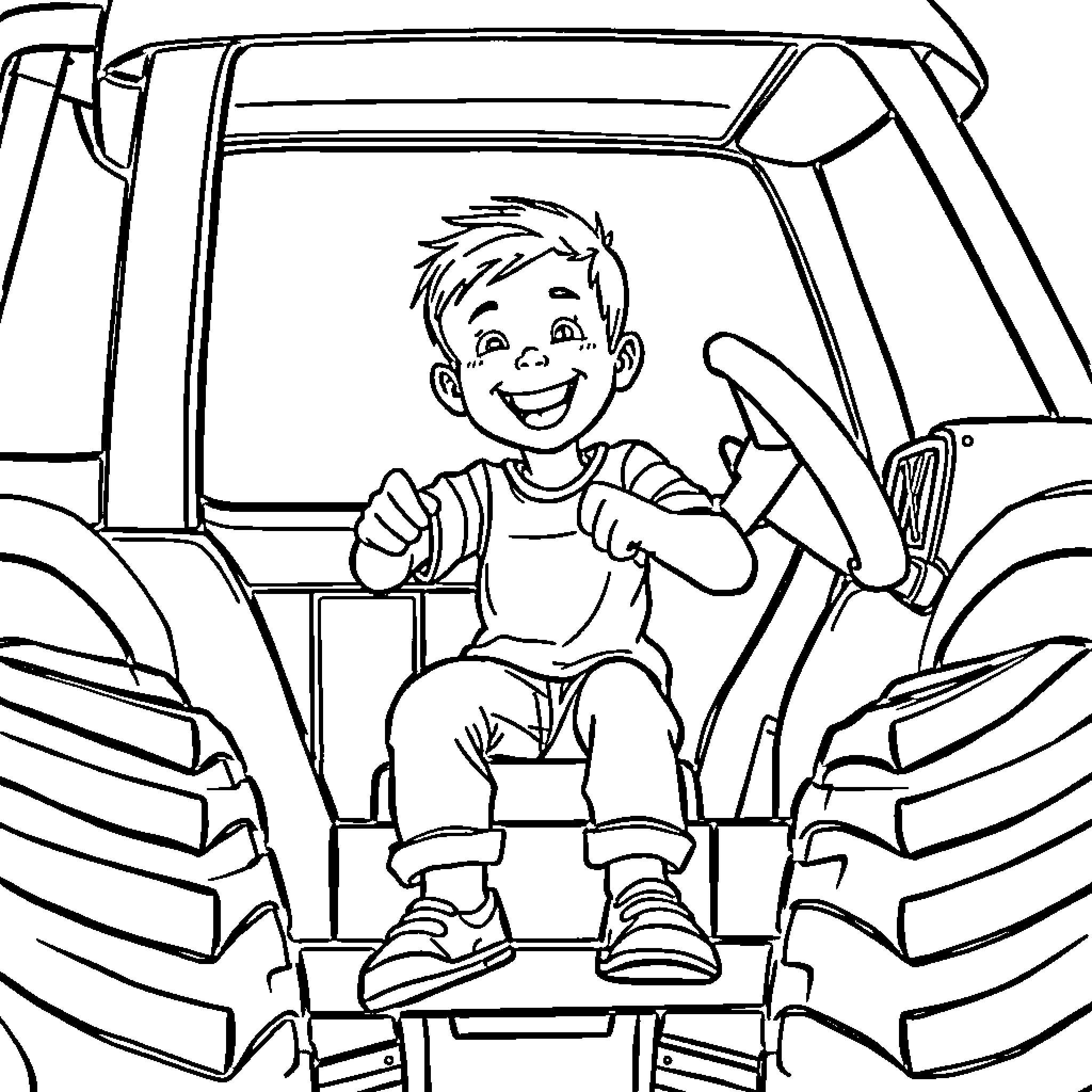 Monster Truck Driven by Cheerful Boy Coloring Page (free black-and-white line drawing printable PDF for all, from beginners to advanced learners, including children, teens, adults, and seniors)