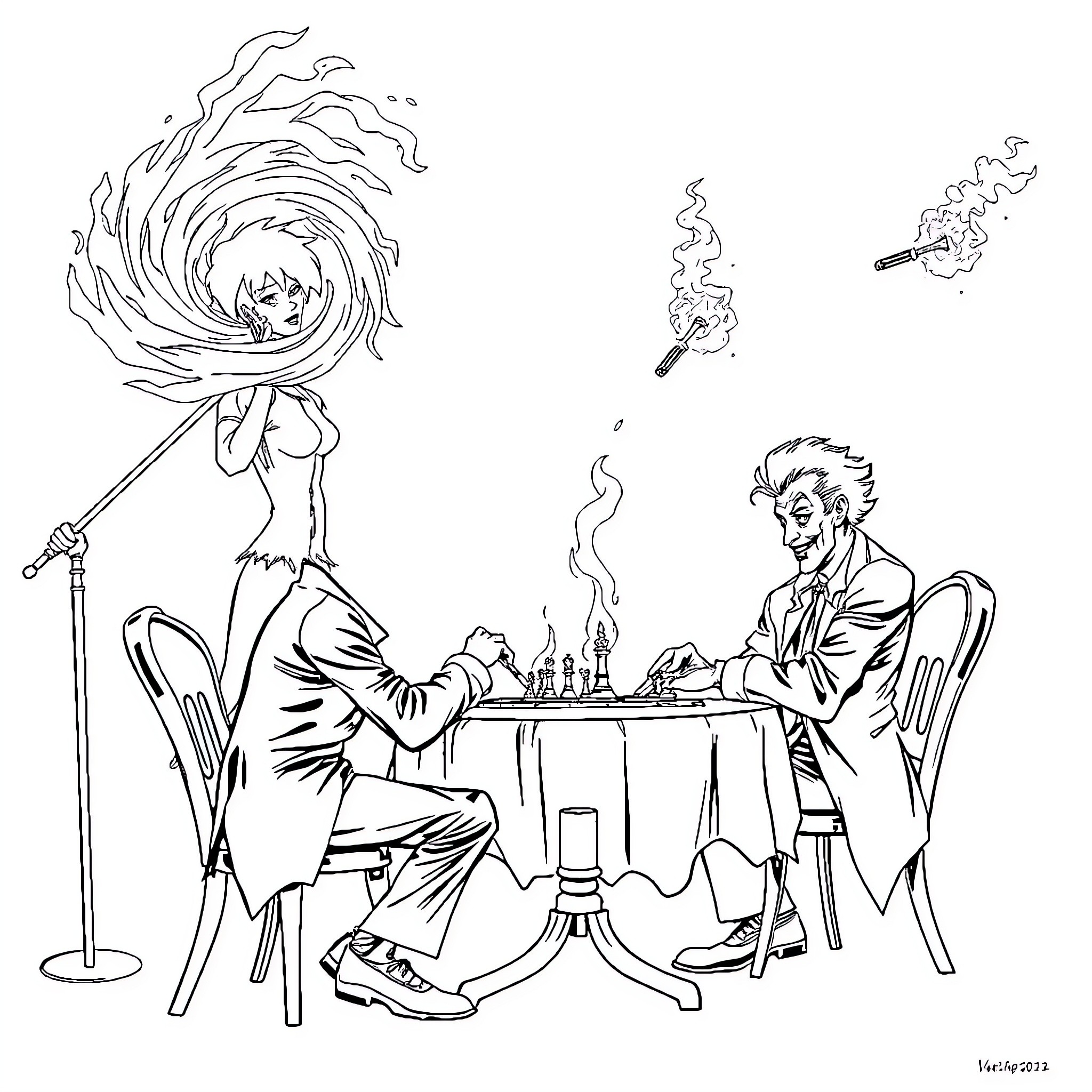 Joker chess match with fiery illusion Coloring Page (free black-and-white line drawing printable PDF for all, from beginners to advanced learners, including children, teens, adults, and seniors)