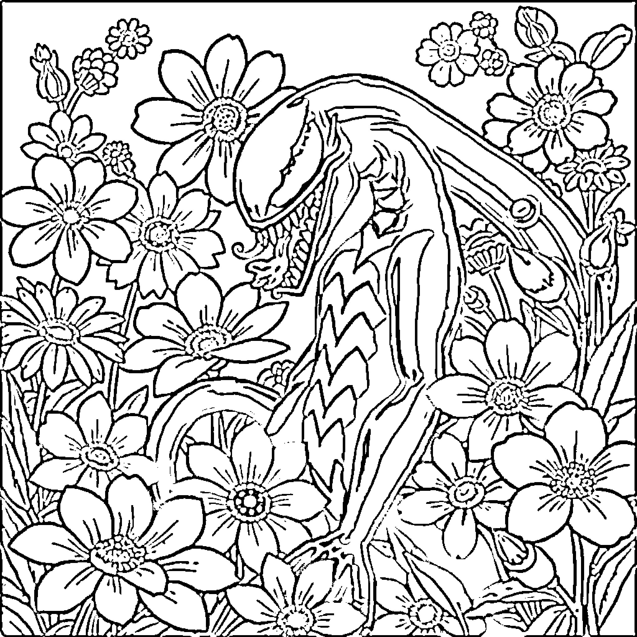 Venom Symbiote Amid Vibrant Floral Blooms Coloring Page (free black-and-white line drawing printable PDF for all, from beginners to advanced learners, including children, teens, adults, and seniors)
