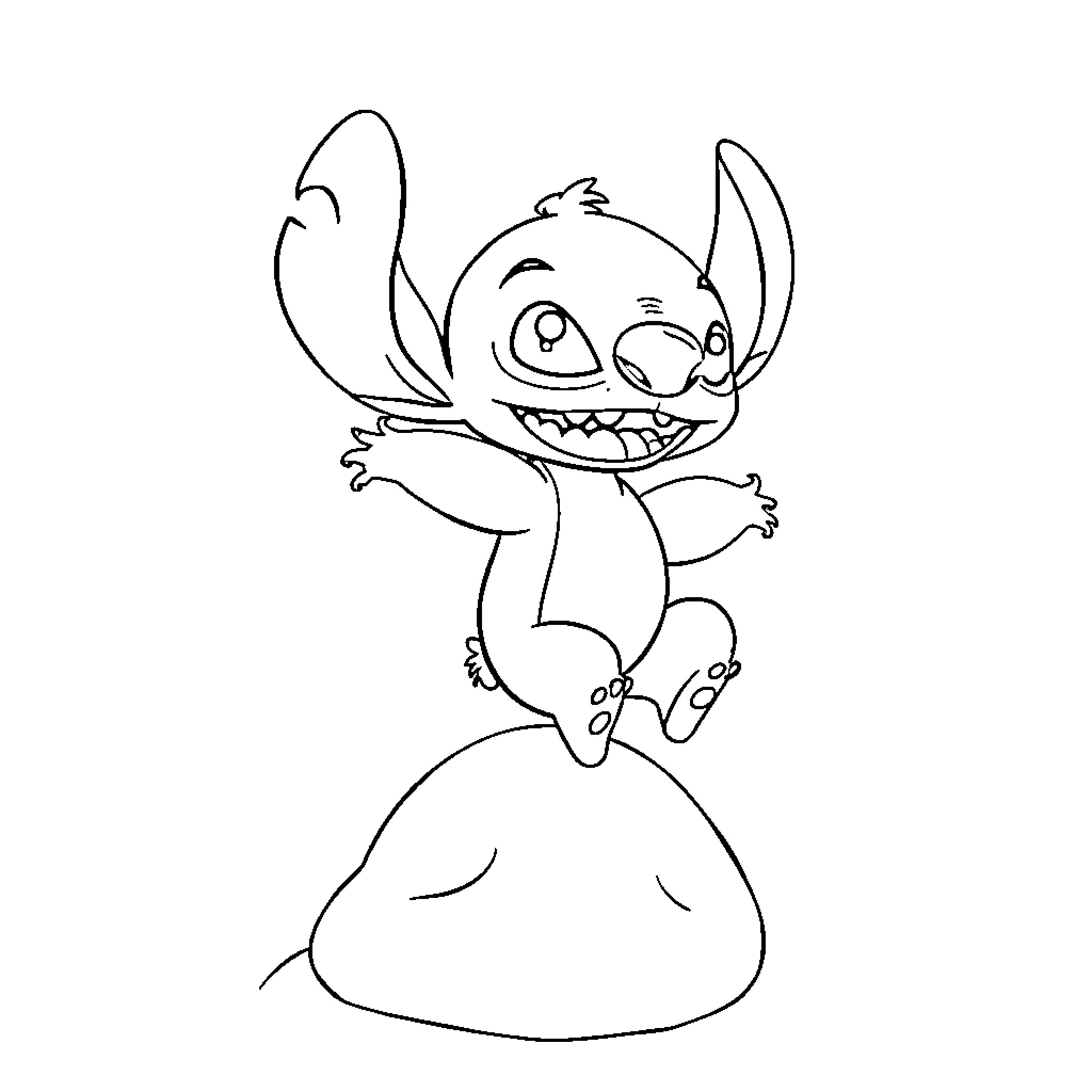 Stitch jumping joyfully on a pile Coloring Page (free black-and-white line drawing printable PDF for all, from beginners to advanced learners, including children, teens, adults, and seniors)