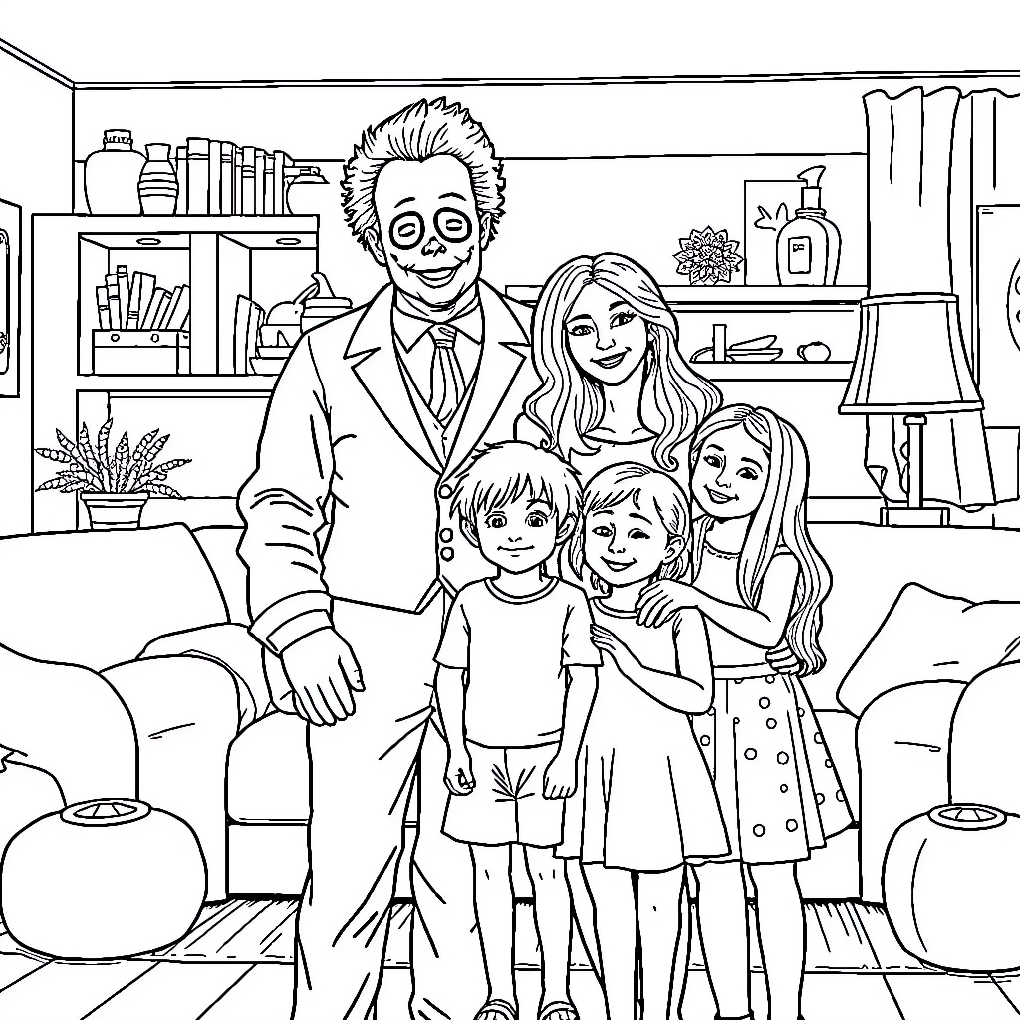 Michael Myers and the Loving Family Coloring Page (free black-and-white line drawing printable PDF for all, from beginners to advanced learners, including children, teens, adults, and seniors)