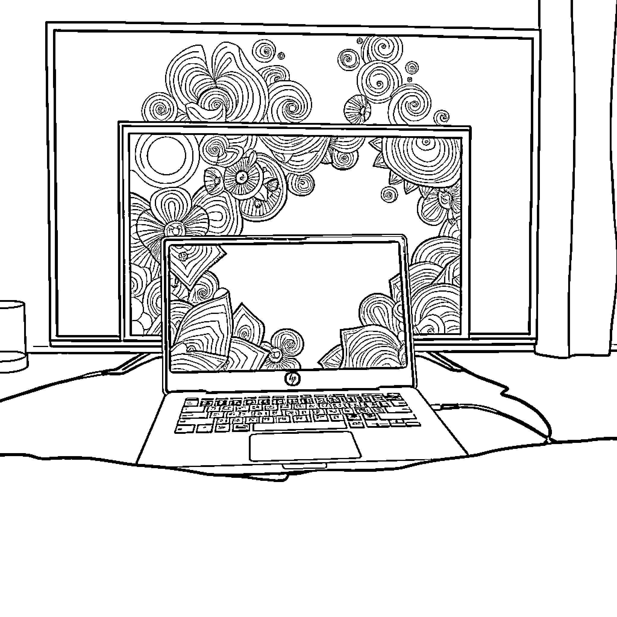 HP Chromebook with abstract doodle design Coloring Page (free black-and-white line drawing printable PDF for all, from beginners to advanced learners, including children, teens, adults, and seniors)