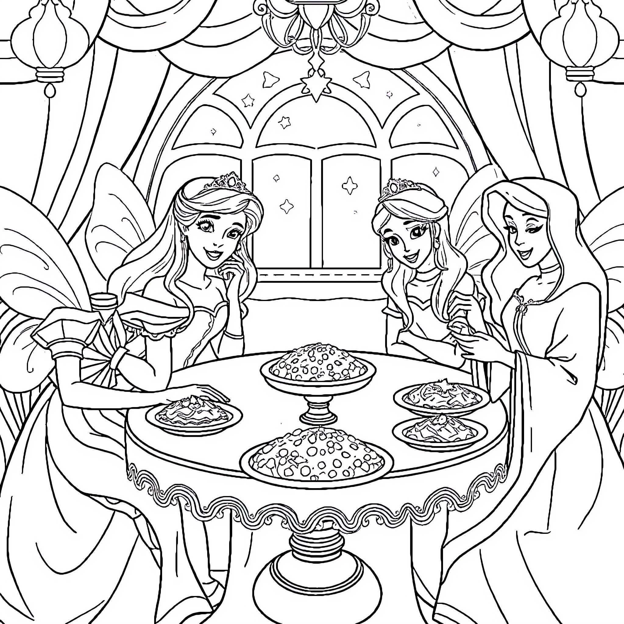 Aurora Princesses Enjoying a Regal Feast Coloring Page (free black-and-white line drawing printable PDF for all, from beginners to advanced learners, including children, teens, adults, and seniors)