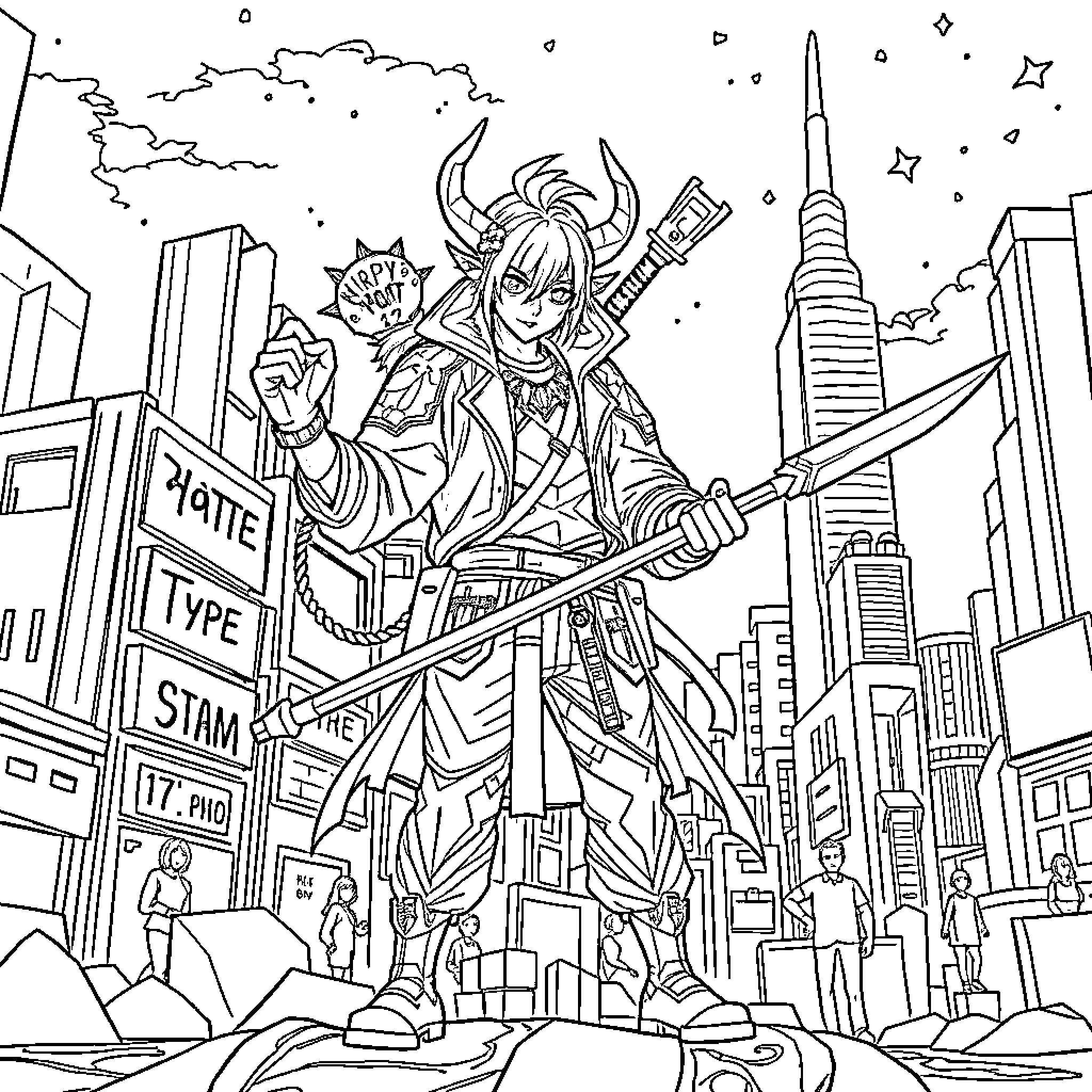 Demon Hunter Battles Monsters in Futuristic City Coloring Page (free black-and-white line drawing printable PDF for all, from beginners to advanced learners, including children, teens, adults, and seniors)