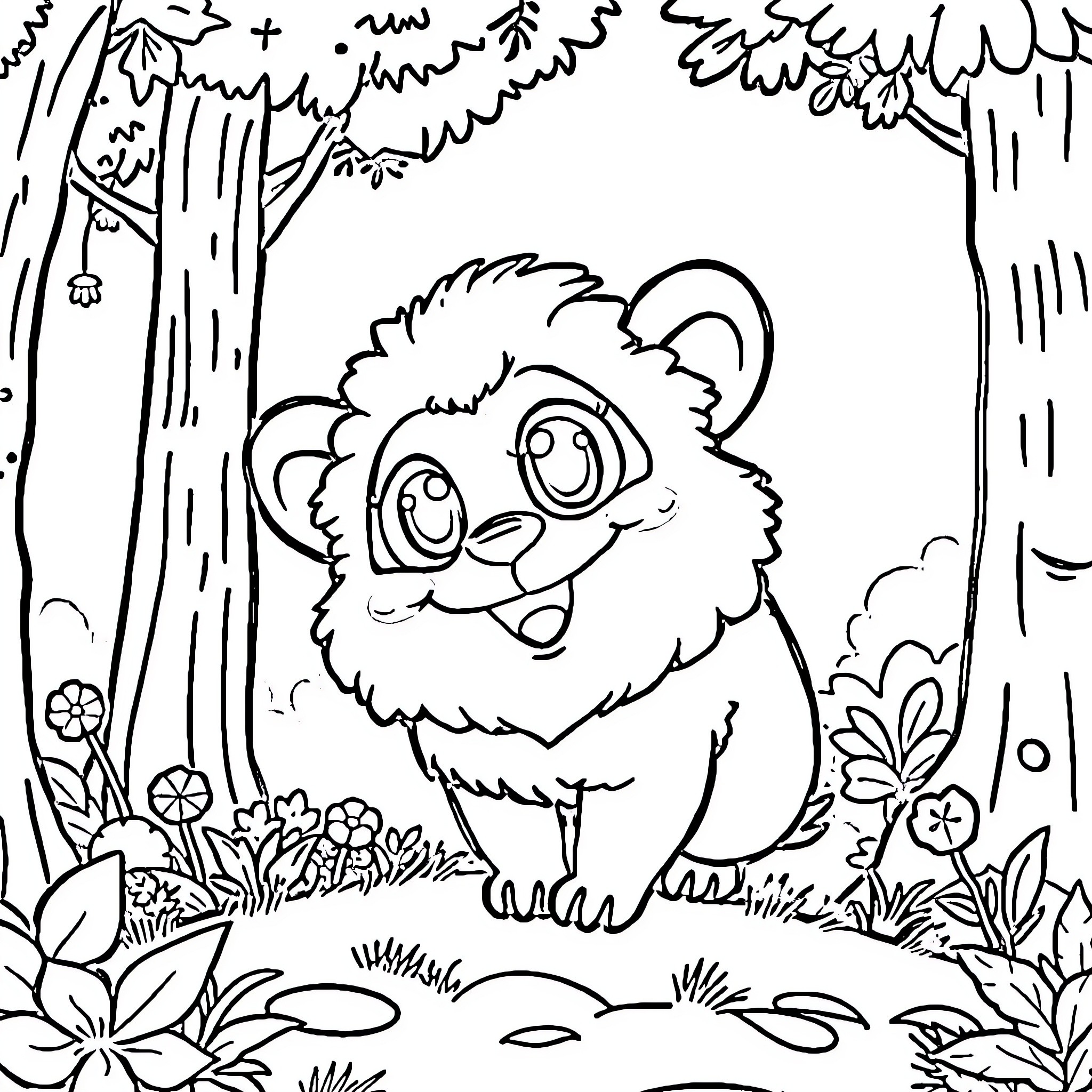 Labubu's Enchanting Forest Adventure Coloring Page (free black-and-white line drawing printable PDF for all, from beginners to advanced learners, including children, teens, adults, and seniors)