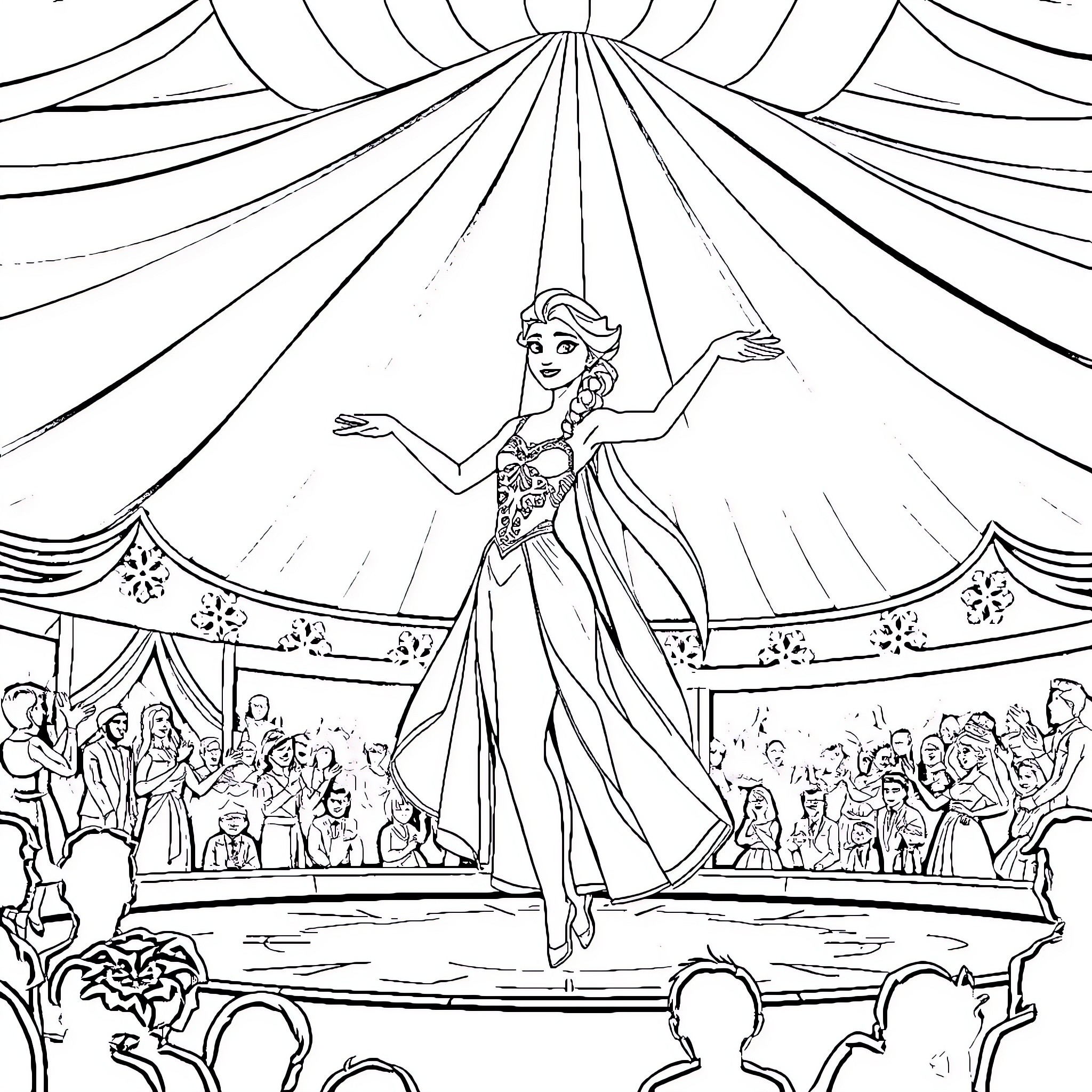 Elsa's Enchanting Performance in the Circus Tent Coloring Page (free black-and-white line drawing printable PDF for all, from beginners to advanced learners, including children, teens, adults, and seniors)