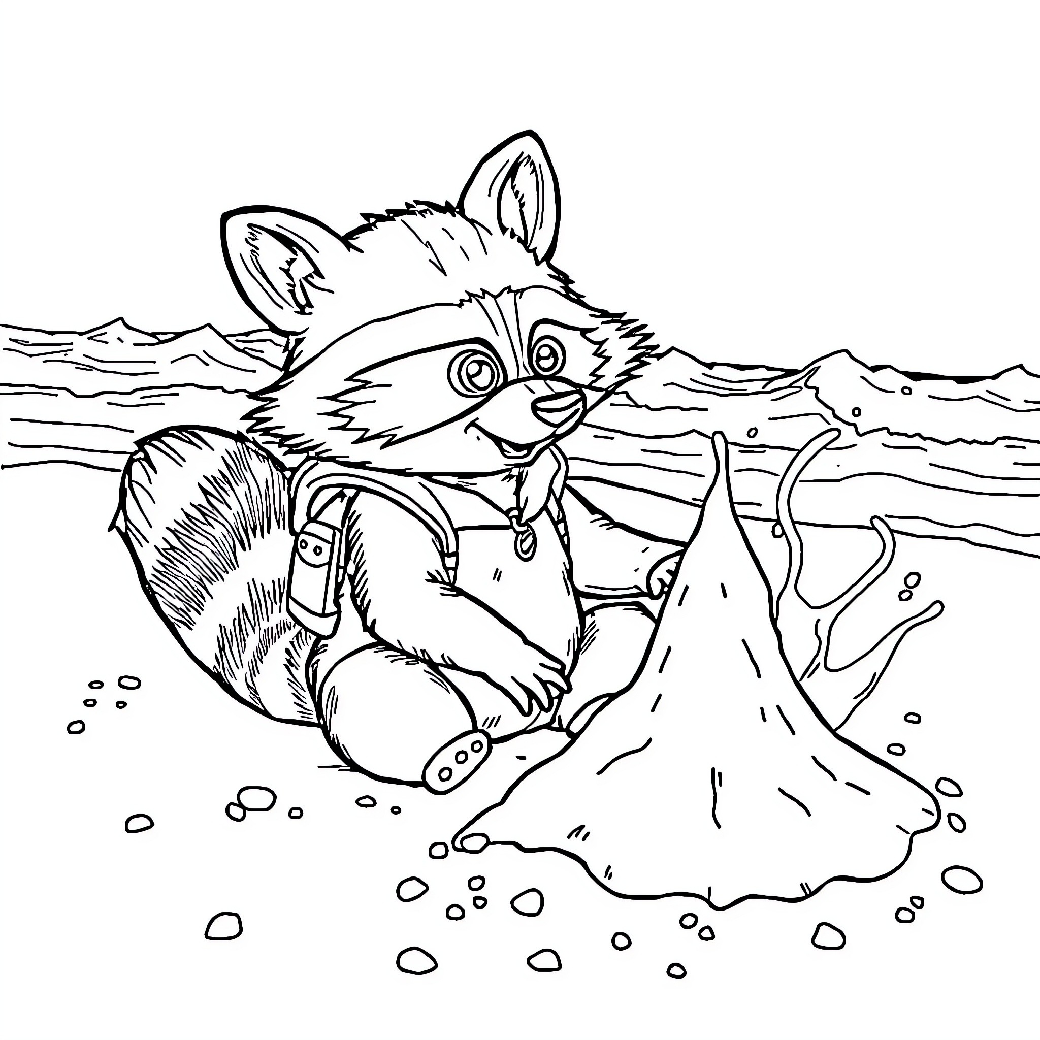 Rocket Raccoon exploring a snowy landscape Coloring Page (free black-and-white line drawing printable PDF for all, from beginners to advanced learners, including children, teens, adults, and seniors)