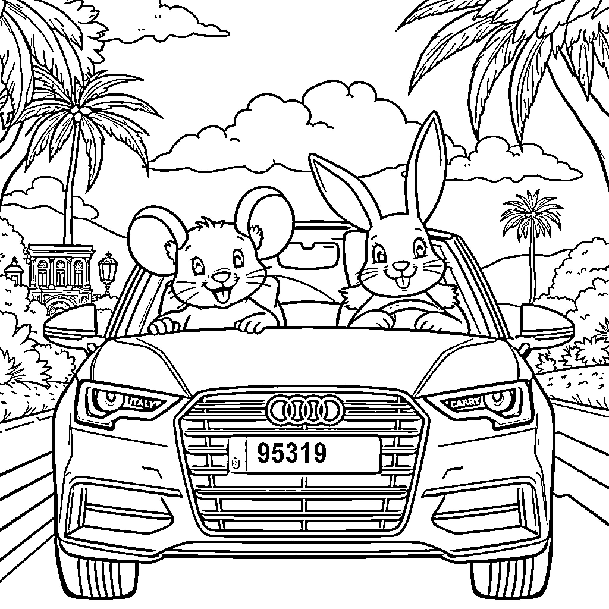 Mouse friends enjoying a beach vacation in a car Coloring Page (free black-and-white line drawing printable PDF for all, from beginners to advanced learners, including children, teens, adults, and seniors)