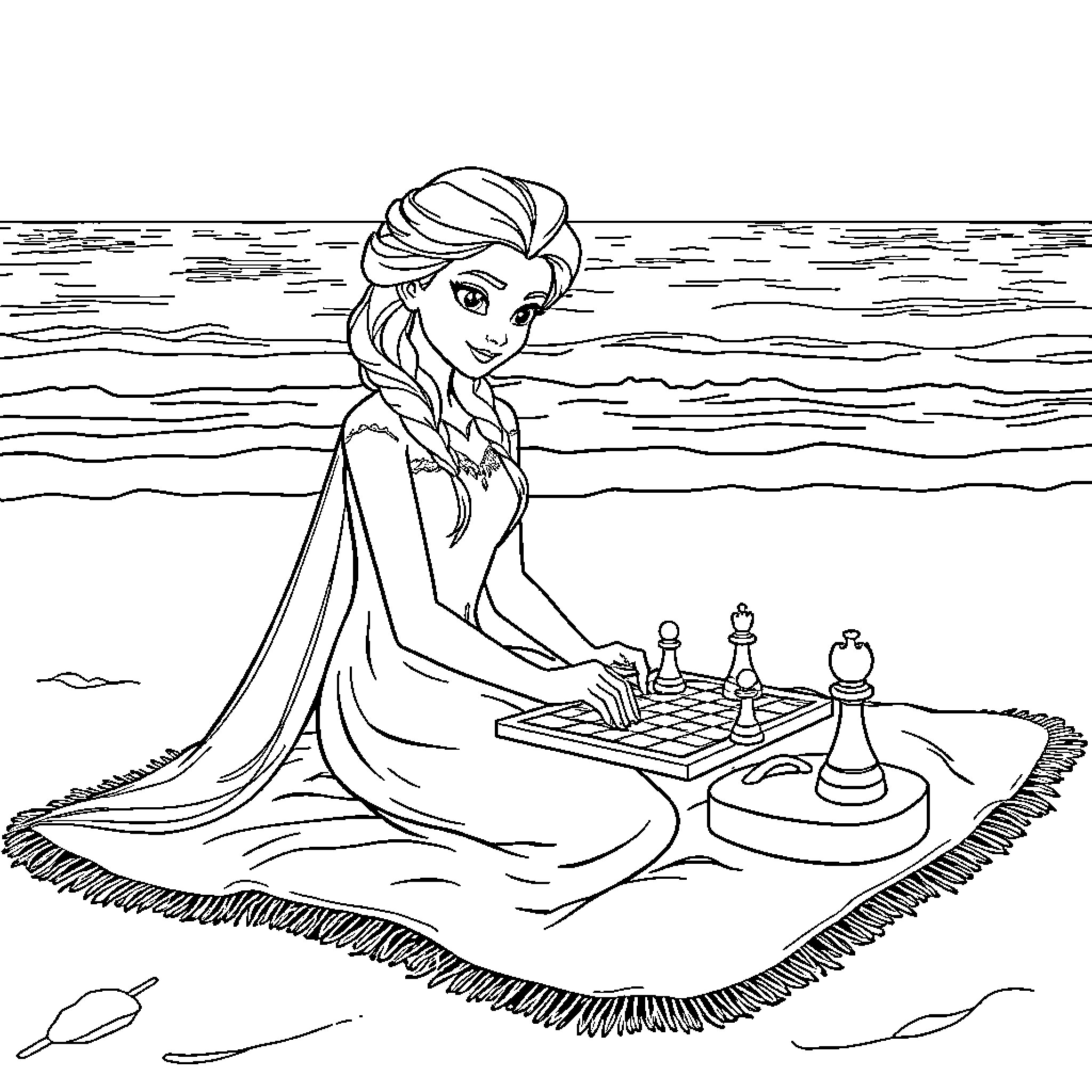 Elsa enjoys a game of chess on the beach Coloring Page (free black-and-white line drawing printable PDF for all, from beginners to advanced learners, including children, teens, adults, and seniors)