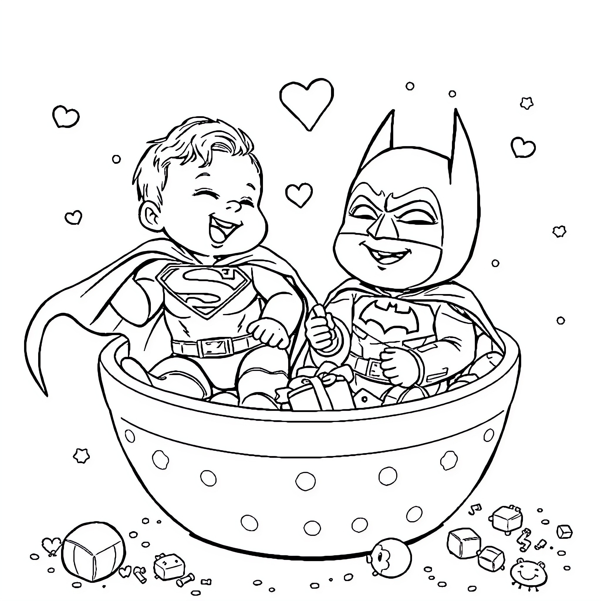 Superman and Batman playing happily together Coloring Page (free black-and-white line drawing printable PDF for all, from beginners to advanced learners, including children, teens, adults, and seniors)
