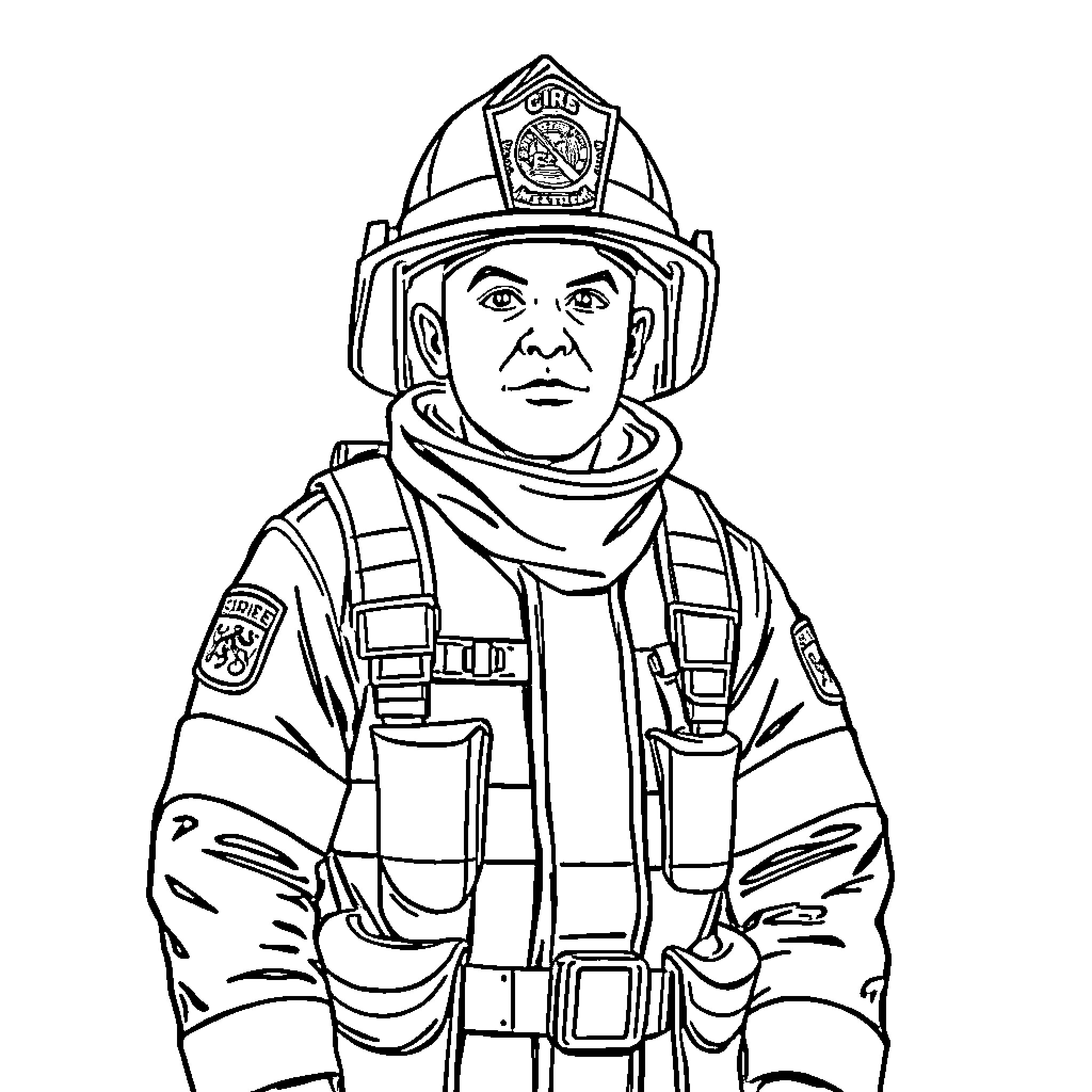 Firefighter in uniform standing ready for action Coloring Page (free black-and-white line drawing printable PDF for all, from beginners to advanced learners, including children, teens, adults, and seniors)